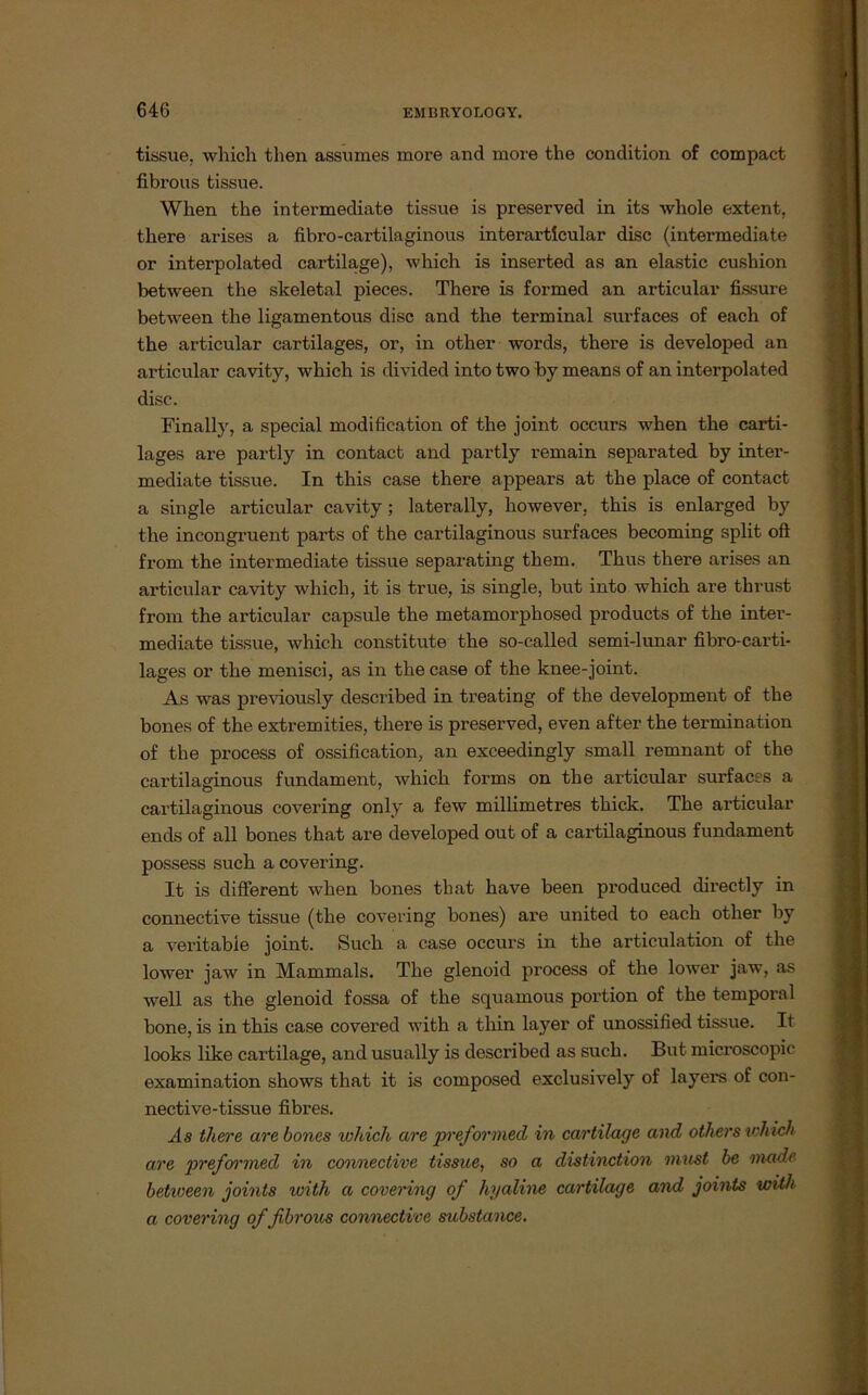 tissue, which then assumes more and moi'e the condition of compact fibrous tissue. When the intermediate tissue is preserved in its whole extent, there arises a fibro-cartilaginous interartlcular disc (intermediate or interpolated cartilage), which is inserted as an elastic cushion between the skeletal pieces. There is formed an articular fissure between the ligamentous disc and the terminal surfaces of each of the articular cartilages, or, in other words, there is developed an articular cavity, which is divided into two by means of an interpolated disc. Finally, a special modification of the joint occurs when the carti- lages are partly in contact and partly remain separated by inter- mediate tissue. In this case there appears at the place of contact a single articular cavity ; laterally, however, this is enlarged by the incongruent parts of the cartilaginous surfaces becoming split oft from the intermediate tissue separating them. Thus there arises an articular cavity which, it is true, is single, but into which are thrust from the articular capsule the metamorphosed products of the inter- mediate tissue, which constitute the so-called semi-lunar fibro-carti- lages or the menisci, as in the case of the knee-joint. As was previously described in treating of the development of the bones of the extrem ities, there is preserved, even after the termination of the process of ossification, an exceedingly small remnant of the cartilaginous fundament, which forms on the articular surfaces a cartilaginous covering only a few millimetres thick. The articular ends of all bones that are developed out of a cartilaginous fundament possess such a covering. It is different when bones that have been produced directly in connective tissue (the covering bones) are united to each other by a veritabie joint. Such a case occurs in the articulation of the lower jaw in Mammals. The glenoid process of the lower jaw, as well as the glenoid fossa of the squamous portion of the temporal hone, is in this case covered with a thin layer of unossified tissue. It looks like cartilage, and usually is described as such. But microscopic examination shows that it is composed exclusively of layers of con- nective-tissue fibres. As there are bones which are preformed in cartilage and others which are preformed in connective tissue, so a disthwtion must be made betioeen joints with a covering of hyaline cartilage and joints with a covering of fibrous connective substance.