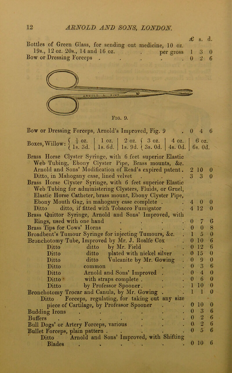 Bottles of Green Glass, for sending out medicine, 10 oz. 19s., 12 oz. 20s., 14 and 16 oz. . per gross Bow or Dressing Forceps ..... £ 1 0 s. 3 o 0 6 Bow or Dressing Forceps, Arnold’s Improved, Fig. 9 C i oz. 1 oz. 2 oz. i 3 oz. 4 oz. 1 Is. 3d. Is. 6d. Is. 9d. [ 3s. Od. 4s. Od. Boxes, Willow: Brass Horse Clyster Syringe, with 6 feet superior Elastic Web Tubing, Ebony Clyster Pipe, Brass mounts, &c. Arnold and Sons’ Modification of Read’s expired patent. Ditto, in Mahogany case, lined velvet Brass Horse Clyster Syringe, with 6 feet superior Elastic Web Tubing for administering Clysters, Fluids, or Gruel, Elastic Horse Catheter, brass mount, Ebony Clyster Pipe, Ebony Mouth Gag, in mahogany case complete . Ditto ditto, if fitted with Tobacco Fumigator Brass Quittor Syringe, Arnold and Sons’ Improved, with Rings, used with one hand 0 4 6 6 oz. 6s. Od. 2 10 0 3 3 0 4 0 0 4 12 0 0 7 6 Brass Tips for Cows’ Horns .... 0 0 8 Broadbent’s Tumour Syringe for injecting Tumours, &c. 1 5 0 Bronchotomy Tube, Improved by Mr. J. Roalfe Cox 0 10 6 Ditto ditto by Mr. Field 0 12 6 Ditto ditto plated with nickel silver 0 15 0 Ditto ditto Vulcanite by Mr. Gowing 0 9 0 Ditto common .... 0 3 6 Ditto Arnold and Sons’ Improved . 0 4 0 Ditto ' with straps complete . 0 6 0 Ditto by Professor Spooner. 1 10 0 Bronchotomy Trocar and Canula, by Mr. Gowing . 1 1 0 Ditto Forceps, regulating, for taking out any size piece of Cartilage, by Professor Spooner 0 10 0 Budding Irons ...... 0 3 6 Buffers • ••••• 0 2 6 Bull Dogs’ or Artery Forceps, various 0 2 6 Bullet Forceps, plain pattern . . 0 5 6 Ditto Arnold and Sons5 Improved, with Shifting Blades 0 10 6