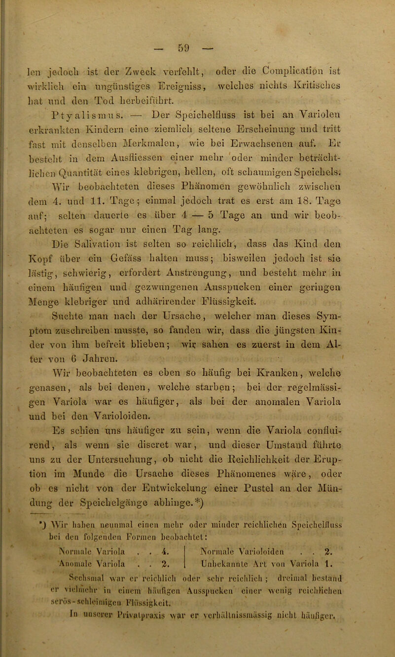 Icn jodocli ist cler Zweck verfelilt, ocler die Complictation ist wirldich eîn ungiinstiges Ereigniss, wclclies nichts Kritisclies liât iind den Tod lierbeifübrt. Pt y ali s mu s. — Der Speicbelfluss ist bei an Variolen erkrankten Kindern eine ziemlicb seltene Erscbeiuung iind tritt fast mit denselben Mcrkmaleu, wie bei Erwacbsenen auf. Er bestelit in dem Ausfliessen eiaer mebr 'oder minder betrâclit- licben Quantitat eines klebrigen, belleii, oft scbaumigen Speicbels; Wir beobacbteten dieses Pbânomen gewobnlicb zwiscbeii dem 4. und 11. Tage 5 einmal jedocb trat es erst am 18. Tage auf; selten daucrte es über 4 — 5 Tage an und wir beob- acbteten es sogar nur einen Tag lang. Die Salivation ist selten so reicblich, dass das Kind den Kopf über ein Gefâss balten miiss; bisweilen jedocb ist sie Ifistig, scbwierig, erfordert Anstreugung, und bestebt mebr in einem bàufigen und gezwiingenen Ausspucken einer geriiigen Menge klebriger und adbarirender Flüssigkeit. Sucbte man nach der Ursache, welcber man dieses Syra- ptora zuscbreiben musste, so fanden wir, dass die jüngsten Kin- der von ibm befreit blieben; wir saben es zuerst in dem Al- ter von 6 Jahren. Wir beobacbteten es eben so bâufig bei Kranken, welcbe genasen, als bei denen, welcbe starben; bei der regelmassi- gen Variola war es baufiger, als bei der anomalen Variola und bei den Varioloiden. Es scbien uns baufiger zu sein, wenn die Variola conflui- rend, als wenn sie discret war, und dieser Umstand fübrte uns zu der Untersucbung, ob nicbt die Reicblicbkeit der Erup- tion im Munde die Ursacbe dieses Phanomenes wpre, oder ob CS nicbt von der Entwickelung einer Pustel au der Mün- dung der Speicbelgange abbinge.*) *J Wir liaben ncuiinial eincii mclir oder iniiidcr rcichlichcii Spcichelfliiss bei deii folgendea Fonnen beobacblet: PSonuale Variola . . 4. Normale Varioloiden . . 2. Anomale Variola . . 2. Unbekannlc Art von Variola 1. Scclismal war er rcicblicb oder selir reichlicb ; or vielmciir in einem lüuifigen Âuss|)ucken einer sertis - schleimigcn Flüssigkeit. In unsercr Privulpraxis war er verbiiltnissmüssi dreimal beslaiid wenig reieliHclien g iiichl lüiuliger.