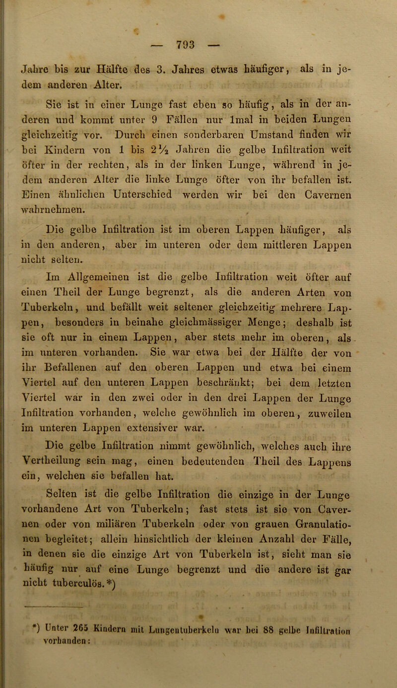 Jabre bis zur Hâlfte des 3. Jahres etwas hâufiger, als in je- dem anderen Alter, Sie ist in einer Lunge fast eben so bâufig, als in der an- deren und kommt unter 9 Fâllen nur Imal in beiden Lungen gleichzeitig vor. Durcb einen sonderbaren ümstand finden wir bei Kindern von 1 bis 2V2 Jahren die gelbe Infiltration weit I bfter in der recbten, als in der linken Lunge, wahrend in je- i dem anderen Alter die linke Lunge ôfter von ihr befallen ist. I Einen ahuliclien Unterschied werden wir bei den Cavernen wahrnebraen. Die gelbe Infiltration ist im oberen Lappen baufiger, als in den anderen, aber im unteren oder dem mittleren Lappen nicbt selten. Im Allgemeinen ist die gelbe Infiltration weit ôfter auf einen Theil der Lunge begrenzt, als die anderen Arten von Tuberkeln, und befallt weit seltener gleicbzeitig mebrere Lap- pen, besonders in beinahe gleicbmassiger Menge; deshalb ist sie oft nur in einem Lappen, aber stets mebr im oberen, als im unteren vorbanden. Sie war etwa bei der Hàlfte der von ibr Befallenen auf den oberen Lappen und etwa bei einem Viertel auf den unteren Lappen bescbrânkt; bei dem letzten Viertel war in den zwei oder in den drei Lappen der Lunge Infiltration vorbanden, welcbe gewôbnlicb im oberen, zuweilen im unteren Lappen extensiver war. Die gelbe Infiltration nimmt gewôbnlicb, welcbes auch ibre Vertbeilung sein mag, einen bedeutenden Tbeil des Lappens ein, welchen sie befallen bat. Selten ist die gelbe Infiltration die einzige in der Lunge vorbandene Art von Tuberkeln ; fast stets ist sie von Caver- nen oder von miliaren Tuberkeln oder von grauen Granulatio- nen begleitet; allein binsicbtlicb der kleinen Anzabl der Fàlle, in denen sie die einzige Art von Tuberkeln ist, sieht man sie haufig nur auf eine Lunge begrenzt und die andere ist gar nicbt tubercules. *) i I i ! I *) Unter 265 Kindern mit Lungenliiberkcln war bei 88 gelbe Inlillralion I vorbanden: