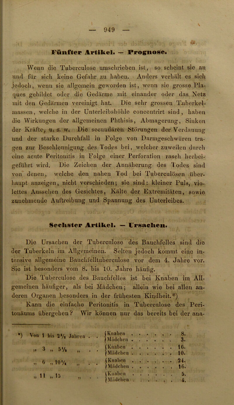 Fünfter Artikel* — Prognose. Weun die Tuberculose umscbrieben ist, so scheint sie an und fiir sicli keine Gefabr zu haben. Anders verhalt es sich jedoch, wemi sie allgemein geworden ist, wenn sie grosse Pla- ques gebildet oder die Gedarme mit einauder oder das Netz mit den Gedarmen vereinigt bat. Die sehr grossen Taiberkel- massen, welclie in der Unterleibshblile concentrirt sind , liaben die Wirkuugeu der allgemeinen Phthisis, Abmagerung, Sinken der Krafte, u. s- w. Die secundâren Stoi'ungen der Verdauung und der starke Durchfall in Folge von Darmgeschwüren tra- gen zur Beschleunigung des Todes bei, welcher zuweilen durch eine acnte Peritonitis in Folge einer Perforation rasch berbei- gefübrt wird. Die Zeicben der Annaberung des I odes sind von denen, welcbe den naben Tod bei Tuberculbsen über- baupt anzeigen, nicbt verscbieden; sie sind: kleiner Puis, vio- lettes Ausselien des Gesicbtes, Kalte der Extrernitaten, sowie zunehmende Auftreibung und Spannung des Uuterleibes. Die ürsacben der Tuberculose des Baucbfelles sind die der Tuberkeln im Allgemeinen. Selten jedocb kommt eine in- tensive allgemeine Baucbfelltuberculose vor dem 4. Jabre vor. Sie ist besonders vom 8. bis 10. Jabre baufig. Die Tuberculose des Baucbfelles ist bei Knaben im All- gemeinen baufiger, als bei Madcben; allein wie bei allen an- deren Organen besonders in der frübesten Kindbeit.*) Kann die einfacbo Peritonitis in Tuberculose des Peri- tonliums übergebenV Wir konnen nur das bereits bei der ana- Seckster Artikel. — IJrsaclieii *) Von 1 bis 2*/i Jalireti . 3 „ 5'A (Knaben I iVladclien i Knaben Madcben ( Knaben ) Madcben i Knaben Madclien 8. 3. 10. 10. 24. 10. 5. 4.
