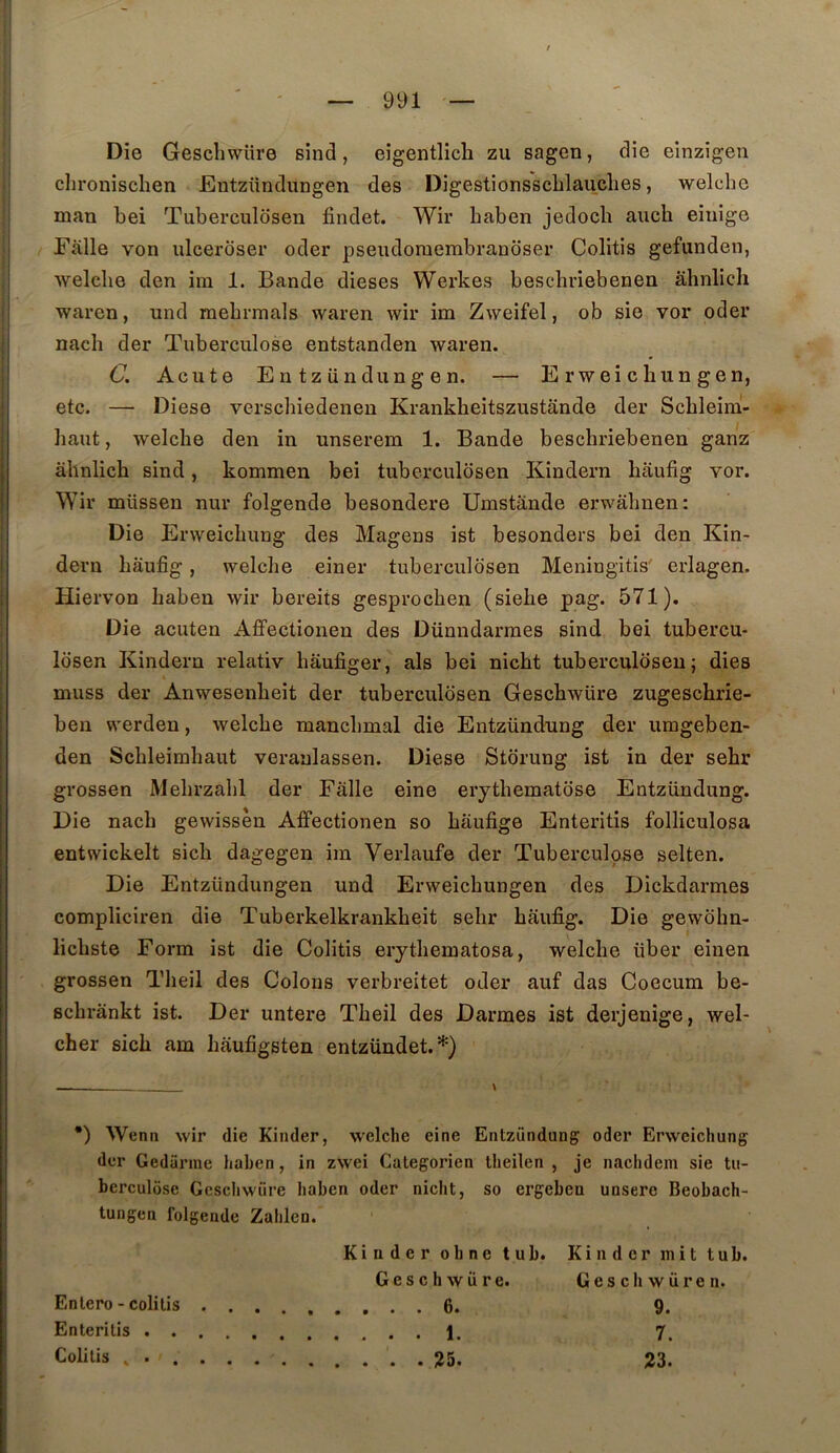 Die Geschwüre sind, eigentlich zu sagen, die eînzigen clironisclien Entzündungen des DigestionsscLlauclies, welchc man bei Tuberculosen findet. Wir baben jedocb auch eiuige Fâlle von ulcerdser oder pseudoraembranoser Colitis gefunden, welclie den im 1. Bande dieses Werkes bescbriebenen âhnlich waren, und mebrmals waren wir im Zweifel, ob sie vor oder nach der Tuberculose entstanden waren. C. Acute Entzündungen. — Erweicbungen, etc. — Diese verschiedenen Krankbeitszustande der Scbleim- haut, welche den in unserem 1. Bande bescbriebenen ganz âhnlich sind, kommen bei tuberculosen Kindern hâufig vor. Wir müssen nur folgende besondere Umstânde erwâhnen: Die Erweichung des Magens ist besonders bei den Kin- dern hâufig, welche einer tuberculosen Meningitis' erlagen. Hiervon habeu wir bereits gesprochen (siehe pag. 571). Die acuten Affectionen des Dünndarraes sind bei tubercu- losen Kindern relativ hâufiger, als bei nicht tuberculosen; dies muss der Anwesenheit der tuberculosen Geschwüre zugeschrie- ben werden, welche manchmal die Entzündung der umgeben- den Schleirahaut veranlassen. Diese Storung ist in der sehr grossen Mehrzahl der Fâlle eine erythematose Entzündung. Die nach gewissèn Affectionen so hâufige Entends folliculosa entwickelt sich dagegen im Verlaufe der Tuberculose selten. Die Entzündungen und Erweicbungen des Dickdarmes compliciren die Tuberkelkrankheit sehr hâufig. Die gewohn- lichste Form ist die Colitis eiythematosa, welche über einen grossen Theil des Colons verbreitet oder auf das Coecum be- schrânkt ist. Der untere Theil des Darmes ist derjenige, wel- cher sich am hâufigsten entzündet.*) *) Wenti wir die Kinder, welche eine Entzündung; oder Erweichung; der Gedürme hahen, in zwei Categorien lheilen , je nachdem sie tu- berculose Geschwüre hahen oder nicht, so ergeben unsere Beobach- tungen folgende Zahlen. Kinder ohne tu b. Kinder mit tu b. Geschwüre. Geschwüren. Entero-colitis 6. 9. Enteritis 7. Colitis . IÎ5. 23.