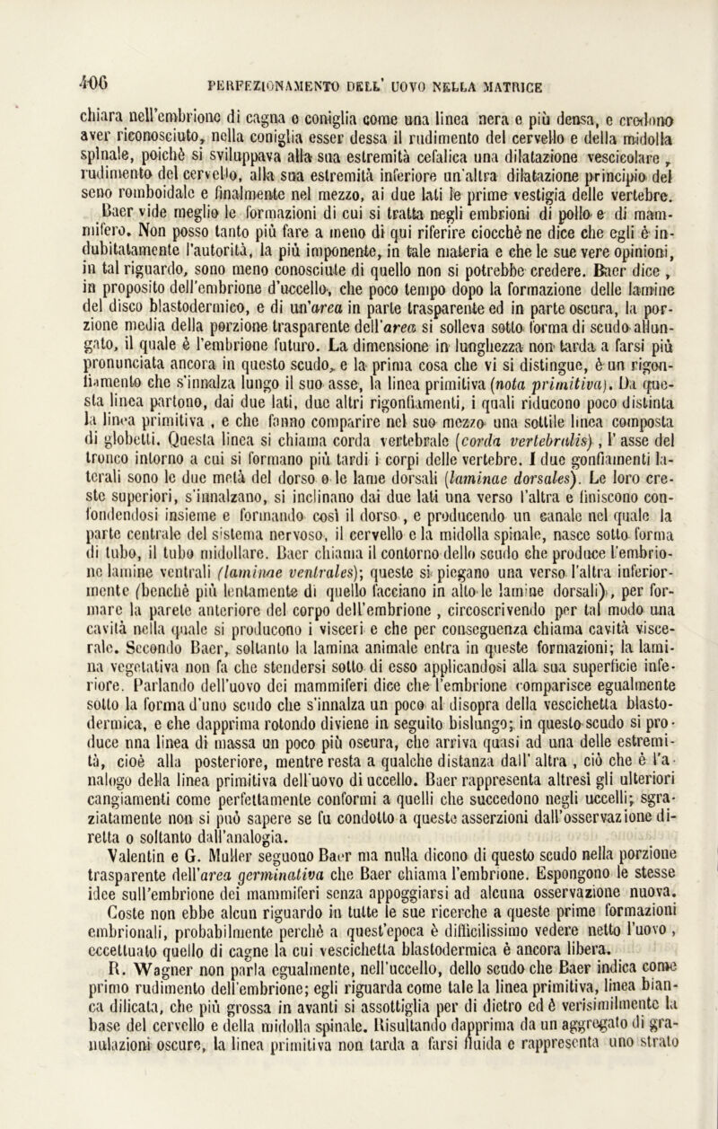 chiara lieirembrioiio di cagna o coniglia come una linea aera e piü densa, e credono aver riconosciuto, nella coniglia esser dessa il rndimento del cervello e della midolla spinale, poichö si sviluppava alla sna estremita cefalica una dilatazione vescicolare r rndimento del cervello, alla sna estremita inferiore un’altra dilatazione principio del seno romboidalc e finalmente nel mezzo, ai due lati le prime vestigia delle vertebre. Baer vide meglio le formazioni di cui si tratfca negli embrioni di polloe di mam- milero, Non posso tanto piü fare a meno di qui riferire ciocchüne dice che egli 6 in- dubitatamente l’autorita, la piü imponente^in tale materia e chele sue vere opinioni, in tal riguardo, sono meno conosciute di quello non si potrebbe credere. Baer dice , in proposito dell’embrione d’uccello*, che poco tempo dopo la formazione delle larnine del disco blastodermieo, e di un'area in parte trasparente ed in parte oscura, la por- zione niedia della porzione trasparente dell'area si solleva sotto lorma di scudoaHon- gato, il quäle ü l’embrione futuro. La dimensione in lunghezza non tarda a farsi piü pronunciata ancora in qucsto scudo,. e la prima cosa che vi si distingue, 6 an rigon- li.imento che s’innulza lungo il suo asse, la linea primitiva (nota primitiva). Da cpue- sta linea partono, dai due lati, due altri rigonfiamenti, i quali riducono poco distinta la linea primitiva , e che fanno comparire nel suo mezzo una sottile linea composta di globetli. Questa linea si chiama corda vertebrale (corda vertebralis), Y asse del tronco inlorno a cui si formano piü tardi i corpi delle vertebre. I due gonfiamenti la- teral! sono le due meta del dorso e le lame dorsali (laminae dorsales). Le loro cre- ste superiori, s’innalzano, si inclinano dai due lati una verso l’altra e finiscono con- fondendosi insieme e formando cosi il dorso , e producendo un canale nel quäle la parte centrale del sistema nervoso, il cervello e la midolla spinale, nasce sotto forma di tubo, il tubo midollare. Baer chiama il contorno dello scudo che produce I’embrio- nc larnine ventrali (laminae ventrales)’, queste sf piegano una verso l’altra inferior- mcnte (benche piü lentamente di quello facciano in alto le larnine dorsali}, per for- mare la paretc anteriore del corpo deirembrione , circoscrivendo per tal modo una cavita netla quäle si producono i visceri e che per conseguenza chiama cavita visce- rale. Sccondo Baer, sollanto la lamina animale entra in queste formazioni; la larni- na vegetativa non fa che stendersi sotto di esso applicandosi alla sua superficie infe- riore. Parlando deU’uovo dei mammiferi dice che l’embrione comparisce egualmente sotto la forma d'uno scudo che s’innalza un poco al disopra della vescichetta blasto- dermica, e che dapprima rotondo diviene in seguito bislungo; in questo scudo si pro- duce nna linea di massa un poco piü oscura, che arriva quasi ad una delle estremi- tä, cioe alla posteriore, mentre resta a qualche distanza dall’ altra , ciö che e l'a- nalogo della linea primitiva dell uovo di uccello. Baer rappresenta altresi gli ulteriori cangiamenti come perfettamenle conformi a quelli che succedono negli uccelli; sgra- ziatamente non si puo sapere se fu condolto a queste asserzioni dairosservazione di- relta o soltanto dall’analogia. Valentin e G. Müller seguouo Baer ma nulla dicono di questo scudo nella porzione trasparente dell’area germincitiva che Baer chiama l’embrione. Espongono le stesse idee sull’embrione dei mammiferi senza appoggiarsi ad alcuna osservazione nuova. Coste non ebbe alcun riguardo in tulte le sue ricerche a queste prime formazioni embrionali, probabilmente percliü a quest’epoca e dißicilissimo vedere netto l’uovo , eccettuato quello di cagne la cui vescichetta blastodermica e ancora libera. R. Wagner non parla egualmente, nell’uccello, dello scudo che Baer indica come primo rudimento dell’embrione; egli riguardacome tale la linea primitiva, linea bian- ca dilicata, che piü grossa in avanti si assottiglia per di dictro ed ö verisimilmentc la base del cervello e della midolla spinale. Bisultando dapprima da un aggregato di gra- nulazioni oscure, la linea primitiva non tarda a farsi nuida e rappresenta uno strato