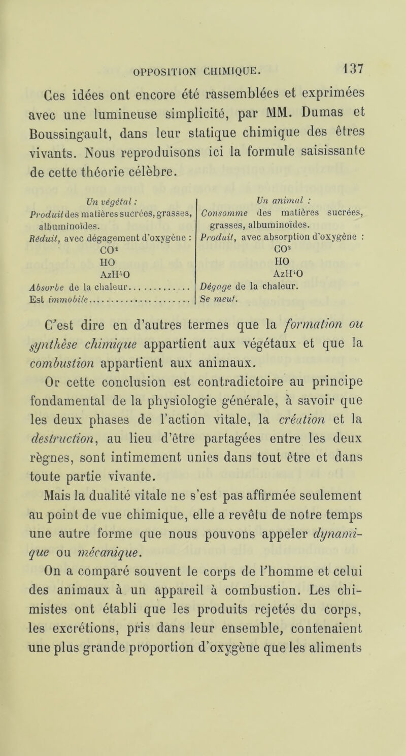 Ces idées ont encore été rassemblées et exprimées avec une lumineuse simplicité, par MM. Dumas et Boussingault, dans leur statique chimique des êtres vivants. Nous reproduisons ici la formule saisissante de cette théorie célèbre. Un végétal : Produit des matières sucrées, grasses, albuminoïdes. Réduit, avec dégagement d’oxygène : CO* HO AzHm Absorbe de la chaleur Est immobile Un animal : Consomme des matières sucrées, grasses, albuminoïdes. Produit, avec absorption d’oxygène : GO“ HO AzIPO Dégage de la chaleur. Se meut. C^est dire en d’autres termes que la formation ou synthèse chimique appartient aux végétaux et que la combustion appartient aux animaux. Or cette conclusion est contradictoire au principe fondamental de la physiologie générale, à savoir que les deux phases de l’action vitale, la création et la destruction., au lieu d’être partagées entre les deux règnes, sont intimement unies dans tout être et dans toute partie vivante. Mais la dualité vitale ne s’est pas affirmée seulement au point de vue chimique, elle a revêtu de notre temps une autre forme que nous pouvons appeler dynami- que ou mécanique. On a comparé souvent le corps de Thomme et celui des animaux à un appareil à combustion. Les chi- mistes ont établi que les produits rejetés du corps, les excrétions, pris dans leur ensemble, contenaient une plus grande proportion d’oxygène que les aliments