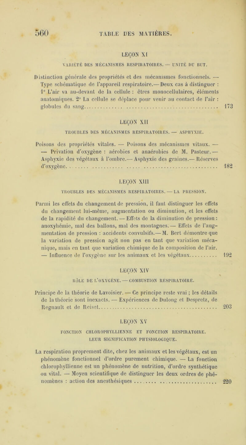 I 500 TARUÎ DES MATIÈRES. LEÇON XI VAIUKTK DES MÉCAMSMES KESPIHATOIHES. — UNITÉ DU BUT. Distinction générale des propriétés et des inécanisnies fonctionnels. — Type scliéniatique de l’appareil resjiiratoire.— Deux cas à distinguer : 1° L’air va au-devant de la cellule : êtres rnonocellulaircs, éléments anatomiques. 2’' La colliile se déplace pour venir au contact de l’air : globules du sang 173 LEÇON XII TBOIBEES DES MÉCANISMES KESPIKATOIRES. — ASPHYXIE. Poisons des propriétés vitales. ■— Poisons des mécanismes vitaux. — — Privation d’oxygène : aérobies et anaérobies de M. Pasteur.— Asphyxie des végétaux à l’ombre.— Asphyxie des graines.— Réserves d’oxygène. . 182 LEÇON XI II TBUUBEES DES MÉCANISMES ItESPIUATOlRES. — LA PRESSION. Parmi les effets du changement de pression, il faut distinguer les effets du changement lui-même, augmentation ou diminution, et les effets de la rapidité du cliangement. — Etfcts de la diminution de pression; anoxyliémie, mal des ballons, mal des montagnes. — Effets de l’aug- mentation de pression ; accidents convulsifs.— M. Bert démontre que la variation de pression agit non pas en tant que variation méca- nique, mais en tant que variation chimique de la composition de l’air. — Influence de l’oxygène sur les animaux et les végétaux 192 LEÇON XIV RÔLE DE l’oxygène. — COMBUSTION RESPIRATOIRE. Principe de la théorie de Lavoisier. — Ce principe reste vrai ; les détails de la théorie sont inexacts. — Expériences de Dulong et Despretz, de Régnault et de Reiset 203 LEÇON XV FONCTION CHLOROPHYLLIENNE ET FONCTION RESPIRATOIRE. LEUR SIGNIFICATION PHYSIOLOGIQUE. La respiration proprement dite, chez les animaux et les végétaux, est un phénomène fonctionnel d’ordre purement chimique. — La fonction chlorophyllienne est un phénomène de nutrition, d’ordre synthétique OU vital. — Moyen scientifique de distinguer les deux ordres de phé- nomènes : action des anesthésiques 220