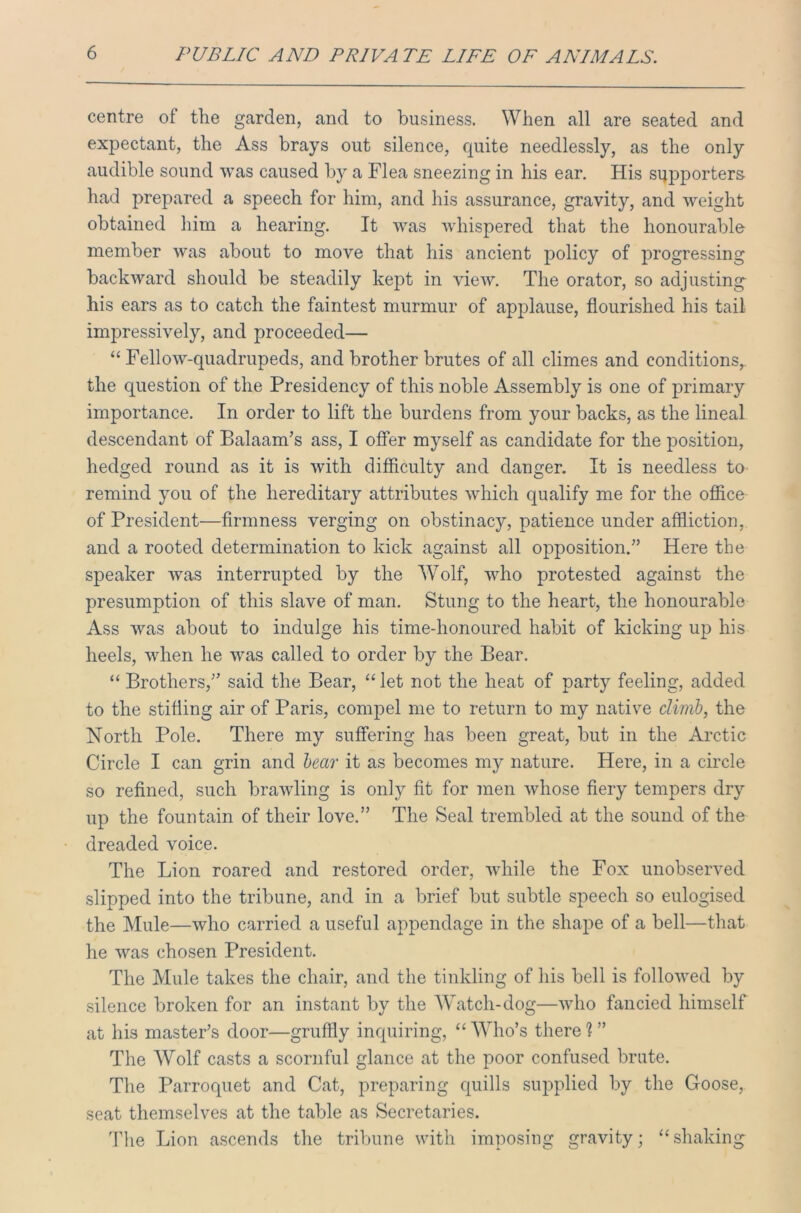 centre of the garden, and to business. When all are seated and expectant, the Ass brays out silence, quite needlessly, as the only audible sound was caused by a Flea sneezing in his ear. His supporters had prepared a speech for him, and his assurance, gravity, and weight obtained him a hearing. It was whispered that the honourable member was about to move that his ancient policy of progressing backward should be steadily kept in view. The orator, so adjusting his ears as to catch the faintest murmur of applause, flourished his tail impressively, and proceeded— “ Fellow-quadrupeds, and brother brutes of all climes and conditions,, the question of the Presidency of this noble Assembly is one of primary importance. In order to lift the burdens from your backs, as the lineal descendant of Balaam’s ass, I offer myself as candidate for the position, hedged round as it is with difficulty and danger. It is needless to remind you of the hereditary attributes which qualify me for the office of President—firmness verging on obstinacy, patience under affliction, and a rooted determination to kick against all opposition.” Here the speaker was interrupted by the Wolf, who protested against the presumption of this slave of man. Stung to the heart, the honourable Ass was about to indulge his time-honoured habit of kicking up his heels, when he was called to order by the Bear. “ Brothers,” said the Bear, “let not the heat of party feeling, added to the stifling air of Paris, compel me to return to my native climb, the North Pole. There my suffering has been great, but in the Arctic Circle I can grin and bear it as becomes my nature. Here, in a circle so refined, such brawling is only fit for men whose fiery tempers dry up the fountain of their love.” The Seal trembled at the sound of the dreaded voice. The Lion roared and restored order, while the Fox unobserved slipped into the tribune, and in a brief but subtle speech so eulogised the Mule—who carried a useful appendage in the shape of a bell—that he was chosen President. The Mule takes the chair, and the tinkling of his bell is followed by silence broken for an instant by the Watch-dog—who fancied himself at his master’s door—gruffly inquiring, “ Who’s there ? ” The Wolf casts a scornful glance at the poor confused brute. The Parroquet and Cat, preparing quills supplied by the Goose,, seat themselves at the table as Secretaries. The Lion ascends the tribune with imposing gravity; “shaking