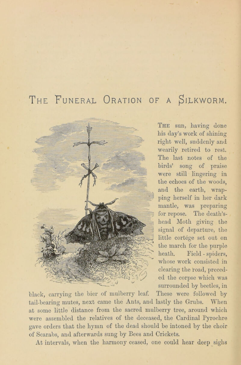 The Funerae Oration of a jSlEKWORM The sun, having done his day’s work of shining right well, suddenly and wearily retired to rest. The last notes of the birds’ song of praise were still lingering in the echoes of the woods, and the earth, wrap- ping herself in her dark mantle, was preparing for repose. The death’s- head Moth giving the signal of departure, the little cortege set out on the march for the purple heath. Field - spiders, whose work consisted in clearing the road, preced- ed the corpse which was surrounded by beetles, in black, carrying the bier of mulberry leaf. These were followed by tail-bearing mutes, next came the Ants, and lastly the Grubs. When at some little distance from the sacred mulberry tree, around which were assembled the relatives of the deceased, the Cardinal Pyroehre gave orders that the hymn of the dead should be intoned by the choir of Scarabs, and afterwards sung by Bees and Crickets. At intervals, when the harmony ceased, one could hear deep sighs 0 - %