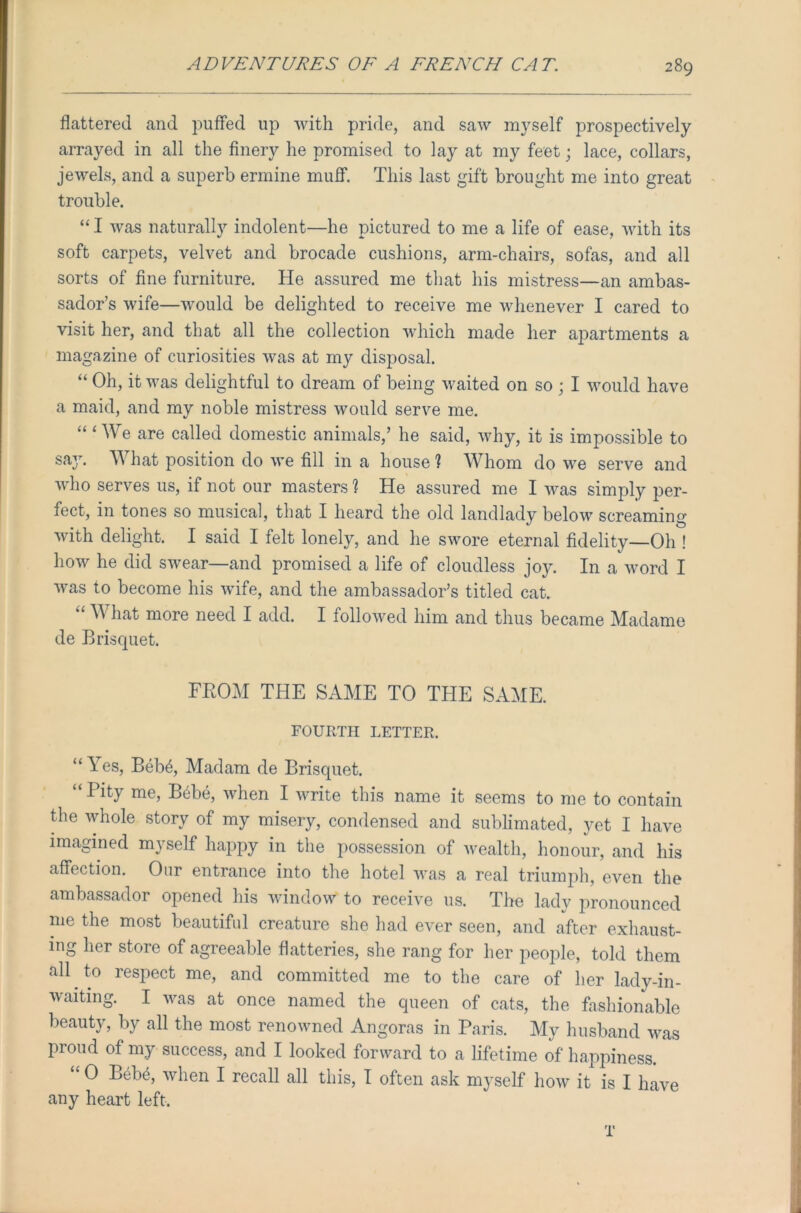 flattered and puffed up with pride, and saw myself prospectively arrayed in all the finery he promised to lay at my feet; lace, collars, jewels, and a superb ermine muff. This last gift brought me into great trouble. “ I was naturally indolent—he pictured to me a life of ease, with its soft carpets, velvet and brocade cushions, arm-chairs, sofas, and all sorts of fine furniture. He assured me that his mistress—an ambas- sador’s wife—would be delighted to receive me whenever I cared to visit her, and that all the collection which made her apartments a magazine of curiosities was at my disposal. “ Oh, it was delightful to dream of being waited on so ; I would have a maid, and my noble mistress would serve me. “OVe are called domestic animals,’ he said, why, it is impossible to say. M hat position do we fill in a house ? Whom do we serve and who serves us, if not our masters 1 He assured me I was simply per- fect, in tones so musical, that I heard the old landlady below screaming with delight. I said I felt lonely, and he swore eternal fidelity—Oh ! how he did swear—and promised a life of cloudless joy. In a word I was to become his wife, and the ambassador’s titled cat. “ what more need I add. I followed him and thus became Madame de Brisquet. FROM THE SAME TO THE SAME. FOURTH LETTER. “ Yes, Beb£, Madam de Brisquet. “Pity me, Bebe, when I write this name it seems to me to contain the whole story of my misery, condensed and sublimated, yet I have imagined myself happy in the possession of wealth, honour, and his affection. Our entrance into the hotel was a real triumph, even the ambassador opened his window to receive us. The lady pronounced me the most beautiful creature she had ever seen, and after exhaust- ing her store of agreeable flatteries, she rang for her people, told them all to respect me, and committed me to the care of her lady-in- waitmg. I was at once named the queen of cats, the fashionable beauty, by all the most renowned Angoras in Paris. My husband was proud of my success, and I looked forward to a lifetime of happiness. “ 0 Bebe, when I recall all this, I often ask myself how it is I have any heart left. T
