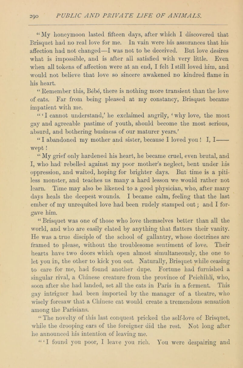 “ My honeymoon lasted fifteen days, after which I discovered that Brisquet had no real love for me. I11 vain were his assurances that his affection had not changed—I was not to be deceived. But love desires what is impossible, and is after all satisfied with very little. Even when all tokens of affection were at an end, I felt I still loved him, and would not believe that love so sincere awakened no kindred flame in his heart. “ Kemember this, Bebe, there is nothing more transient than the love of cats. Far from being pleased at my constancy, Brisquet became impatient with me. “‘I cannot understand,’ he exclaimed angrily, ‘why love, the most gay and agreeable pastime of youth, should become the most serious, absurd, and bothering business of our maturer years.’ “ I abandoned my mother and sister, because I loved you ! I, I t wept ! “ My grief only hardened his heart, he became cruel, even brutal, and I, who had rebelled against my poor mother’s neglect, bent under his oppression, and waited, hoping for brighter days. But time is a piti- less monster, and teaches us many a hard lesson we would rather not learn. Time may also be likened to a good physician, who, after many days heals the deepest wounds. I became calm, feeling that the last ember of my unrequited love had been rudely stamped out; and I for- gave him. “ Brisquet was one of those who love themselves better than all the world, and who are easily elated by anything that flatters their vanity. He was a true disciple of the school of gallantry, whose doctrines are framed to please, without the troublesome sentiment of love. Their hearts have two doors which open almost simultaneously, the one to let you in, the other to kick you out. Naturally, Brisquet while ceasing to care for me, had found another dupe. Fortune had furnished a singular rival, a Chinese creature from the province of Peichihli, who, soon after she had landed, set all the cats in Paris in a ferment. This gay intriguer had been imported by the manager of a theatre, who wisely foresaw that a Chinese cat would create a tremendous sensation among the Parisians. “ The novelty of this last conquest pricked the self-love of Brisquet, while the drooping ears of the foreigner did the rest. Not long after he announced his intention of leaving me. “ ‘ I found you poor, I leave you rich. You were despairing and