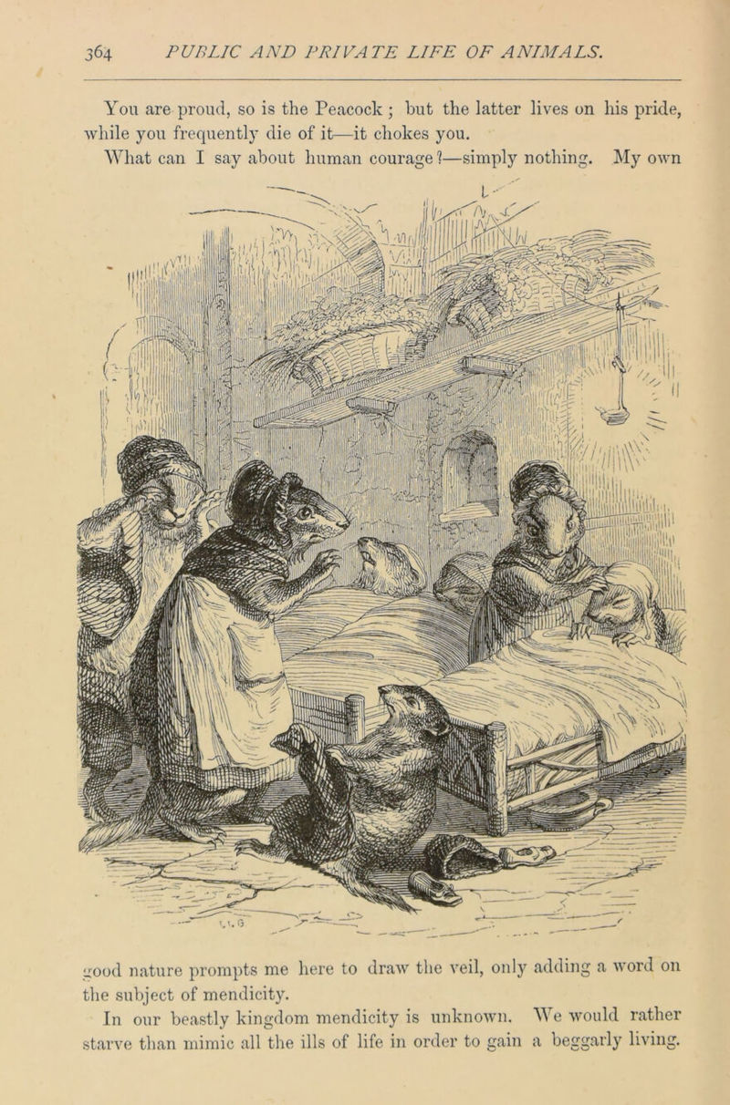 You are proud, so is the Peacock ; but the latter lives on his pride, while you frequently die of it—it chokes you. What can I say about human courage ?—simply nothing. My own uood nature prompts me here to draw the veil, only adding a word on the subject of mendicity. In our beastly kingdom mendicity is unknown. We would rather starve than mimic all the ills of life in order to gain a beggarly living.