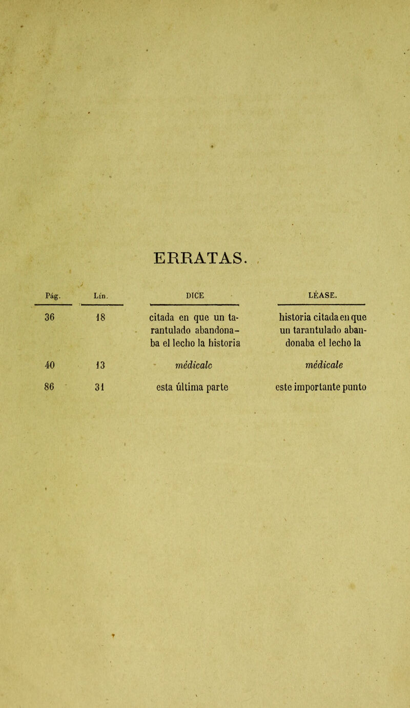 ERRATAS. Pág. 36 40 86 Lxn, DICE LÉASE. 18 13 31 citada en que un ta- rantulado abandona- ba el lecho la historia médicalc esta última parte historia citada en que un tarantulado aban- donaba el lecho la medícale este importante punto *