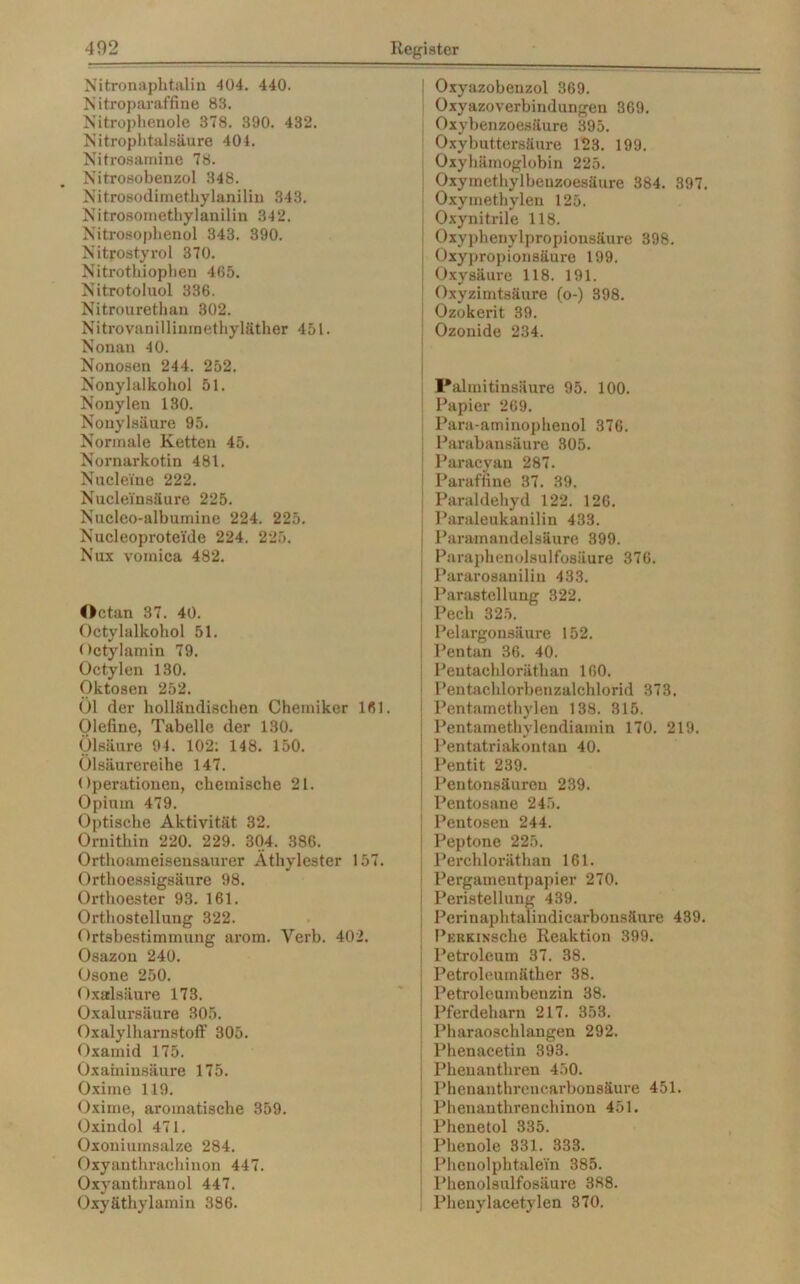 Nitronaphtalin 404. 440. Nitroparaffine 83. Nitrophenole 378. 390. 432. Nitrophtalsäure 404. Nitrosamine 78. Nitrosobenzol 348. Nitrosodimethylanilin 343. Nitrosomethylanilin 342. Nitrosophenol 343. 390. Nitrostyrol 370. Nitrotliiophen 465. Nitrotoluol 336. Nitrourethan 302. Nitrovanillininethyläther 451. Nonan 40. Nouosen 244. 252. Nonylalkohol 51. Nonylen 130. Nonylsäure 95. Normale Ketten 45. Nornarkotin 481. Nuclei'ne 222. Nuclei'nsäure 225. Nucleo-albumine 224. 225. Nucleoprotenle 224. 225. Nux vomica 482. Oetan 37. 40. Octylalkohol 51. Octylamin 79. Octylen 130. Oktosen 252. Öl der holliindischen Chemiker 161. Olefine, Tabelle der 130. Ölsäure 94. 102: 148. 150. Ölsäurereihe 147. Operationen, chemische 21. Opium 479. Optische Aktivität 32. Ornithin 220. 229. 304. 386. Orthoameisensaurer Äthylester 157. Orthoessigsäure 98. Orthoester 93. 161. Orthostellung 322. Ortsbestimmung arom. Verb. 402. Osazon 240. Osone 250. Oxalsäure 173. Oxalursäure 305. Oxalylharnstoff 305. Oxamid 175. Oxaminsäure 175. Oxime 119. Oxime, aromatische 359. Oxindol 471. Oxoniumsalze 284. Oxyanthrachinon 447. Oxyanthrauol 447. Oxyäthylamin 386. Oxyazobenzol 369. Oxyazoverbindungen 369. Oxybenzoesiiure 395. Oxybuttersäure 123. 199. Oxyhämoglobin 225. Oxymethylbenzoesäure 384. 397. Oxymethylen 125. Oxynitrile 118. Oxyphenylpropiousäure 398. Oxypropionsäure 199. Oxy säure 118. 191. Oxyzimtsäure (o-) 398. Ozokerit 39. i Ozonide 234. Palmitinsäure 95. 100. Papier 269. Para-aminophenol 376. Parabansäure 305. Paracyan 287. ! Paraffine 37. 39. Paraldehyd 122. 126. Paraleukanilin 433. j Paramandelsäure 399. Paraphenolsulfosüure 376. Pararosanilin 433. Parastcllung 322. | Pech 325. J Pelargonsäure 152. Pentan 36. 40. Peutachloräthan 160. Pentachlorbenzalchlorid 373, Pentamethylen 138. 315. Pentamethylendiamin 170. 219. Pentatriakontan 40. ; Pentit 239. Pentonsäureu 239. ! Peutosane 245. Peutosen 244. i Peptone 225. Perchloräthan 161. Pergamentpapier 270. Peristellung 439. Perinaplitalindicarbonsäure 439. PERKiNSche Reaktion 399. Petroleum 37. 38. Petroleumäther 38. | Petroleumbenzin 38. Pferdeharn 217. 353. Pharaoschlangen 292. Phenacetin 393. ; Pheuanthren 450. Phenanthrencarbonsäure 451. ; Phenanthrenchinon 451. Phenetol 335. Phenole 331. 333. Phcnolphtalei'n 385. Phenolsulfosäure 388. Phenylacetylen 370.