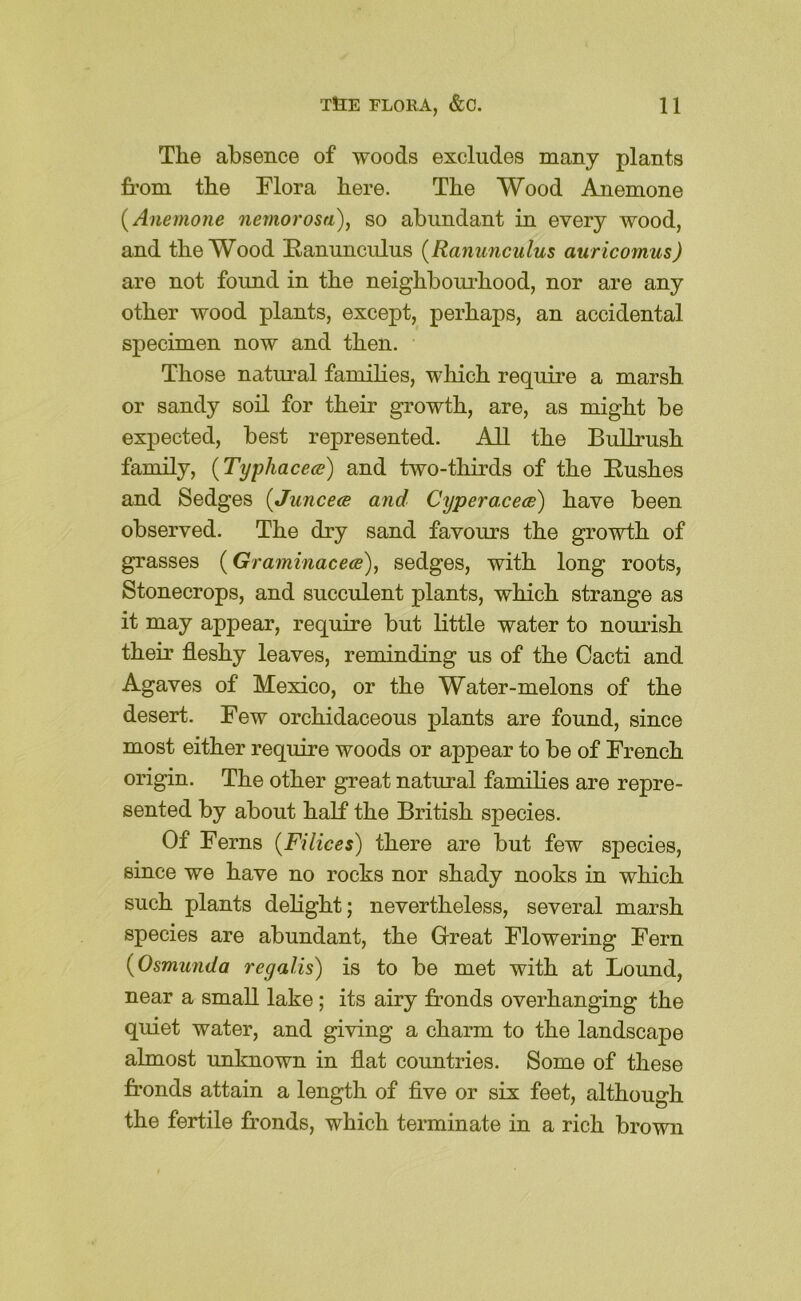 The absence of woods excludes many plants from the Flora here. The Wood Anemone {Anemone nemorosa), so abundant in every wood, and the Wood Fanunculus {Ranunculus auricomus) are not found in the neighboui’hood, nor are any other wood plants, except, perhaps, an accidental specimen now and then. Those natural families, which require a marsh or sandy soil for their growth, are, as might be expected, best represented. All the BuUrush family, {Typhacece) and two-thirds of the Bushes and Sedges {Juncece and Cyperacece) have been observed. The dry sand favours the growth of grasses (Graminacece), sedges, with long roots, Stonecrops, and succulent plants, which strange as it may appear, require but little water to nourish their fleshy leaves, reminding us of the Cacti and Agaves of Mexico, or the Water-melons of the desert. Few orchidaceous plants are found, since most either require woods or appear to be of French origin. The other great natural families are repre- sented by about half the British species. Of Ferns {Filices) there are but few species, since we have no rocks nor shady nooks in which such plants delight; nevertheless, several marsh species are abundant, the Great Flowering Fern {Osmunda regalis) is to be met with at Bound, near a small lake; its airy fronds overhanging the quiet water, and giving a charm to the landscape almost unknown in flat countries. Some of these fronds attain a length of flve or six feet, although the fertile fronds, which terminate in a rich brown