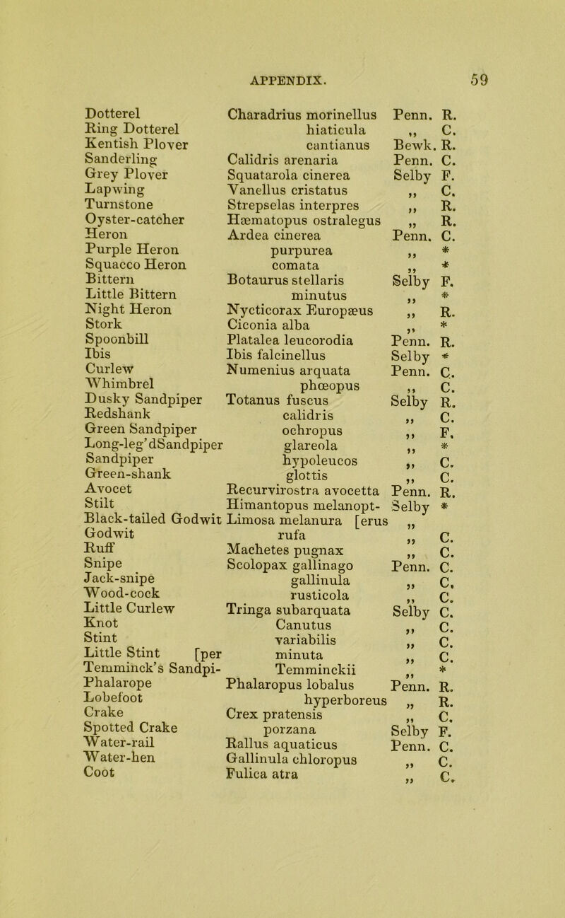 Dotterel King Dotterel Kentish Plover Sanderling Grey Plover Lapwing Turnstone Oyster-catcher Heron Purple Heron Squacco Heron Bittern Little Bittern Night Heron Stork Spoonbill Ibis Curlew Whimbrel Dusky Sandpiper Kedshank Green Sandpiper Long-leg’dSandpiper Sandpiper Green-shank Avocet Stilt Black-tailed Godwit Godwit Kuff Snipe Jack-snipe Wood-cock Little Curlew Knot Stint Little Stint [per Temminck’s Sandpi- Phalarope Lobeloot Crake Spotted Crake W ater-rail Water-hen Coot Charadrius morinellus hiaticula cantianus Calidris arenaria Squatarola cinerea Vanellus cristatus Strepselas interpres Hgeraatopus ostralegus Ardea cinerea purpurea comata Botaurus stellaris minutus Nycticorax Europseus Ciconia alba Platalea leucorodia Ibis falcinellus Numenius arquata phceopus Totanus fuscus calidris 9) Penn. R. »» C. Bewk. R. Penn. C. Selby F. C. R. „ R. Penn. C. * 99 * Selby F. ji R. * »» Penn. R. Selby * Penn. C,. „ C. Selby R. „ C. ochropus J 9 F. glareola 99 * hypoleucos >9 C. glottis 99 C. Recurvirostra avocetta Penn. R. Hiraantopus melanopt- Selby * Limosa melanura [erus 99 rufa 99 C. Machetes pugnax 99 c. Scolopax gallinago Penn. c. gallinula 99 c. rusticola • • c. Tringa subarquata Selby C. Canutus 9 9 c. variabilis 99 c. minuta * * c. Temminckii t 7 • • ♦ Phalaropus lobalus 7 » Penn. R. hyperboreus 99 R. Crex pratensis 99 C. porzana Selby F. Rallus aquaticus Penn. C. Gallinula chloropus 99 C. Fulica atra 99