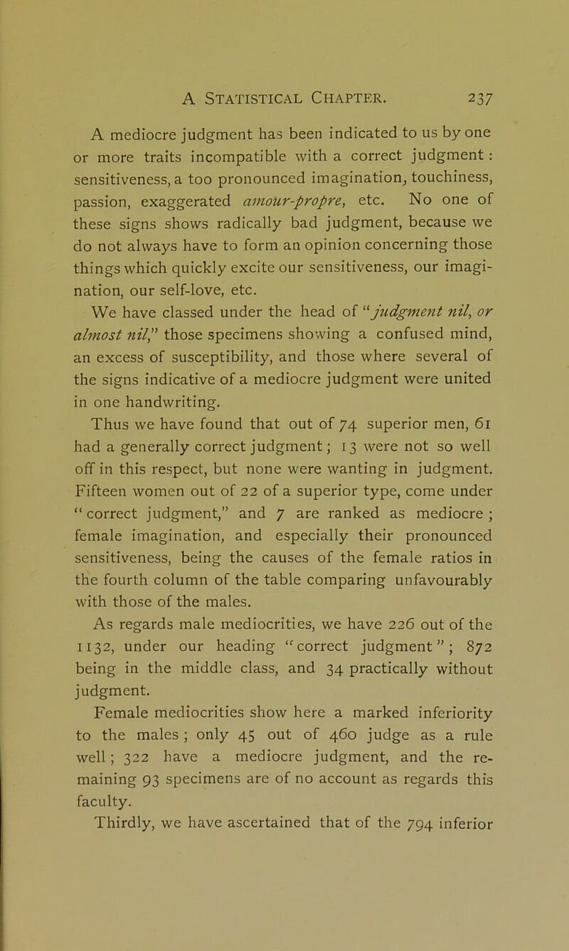 A médiocre judgment has been indicated to us by one or more traits incompatible with a correct judgment ; sensitiveness, a too pronounced imagination, touchiness, passion, exaggerated amour-propre, etc. No one of these signs shows radically bad judgment, because we do not always hâve to form an opinion concerning those thingswhich quickly excite our sensitiveness, our imagi- nation, our self-love, etc. We hâve classed under the head of '^judgment nil, or almost niip those specimens showing a confused mind, an excess of susceptibility, and those where several of the signs indicative of a médiocre judgment were united in one handwriting. Thus we hâve found that out of 74 superior men, 61 had a generally correct judgment ; 13 were not so well off in this respect, but none were wanting in judgment. Fifteen women out of 22 of a superior type, corne under “ correct judgment,” and 7 ^re ranked as médiocre ; female imagination, and especially their pronounced sensitiveness, being the causes of the female ratios in the fourth column of the table comparing unfavourably with those of the males. As regards male mediocrities, we hâve 226 out of the 1132, under our heading “correct judgment”; 872 being in the middle class, and 34 practically without judgment. Female mediocrities show here a marked inferiority to the males ; only 45 out of 460 judge as a rule well ; 322 hâve a médiocre judgment, and the re- maining 93 specimens are of no account as regards this faculty. Thirdly, we hâve ascertained that of the 794 inferior