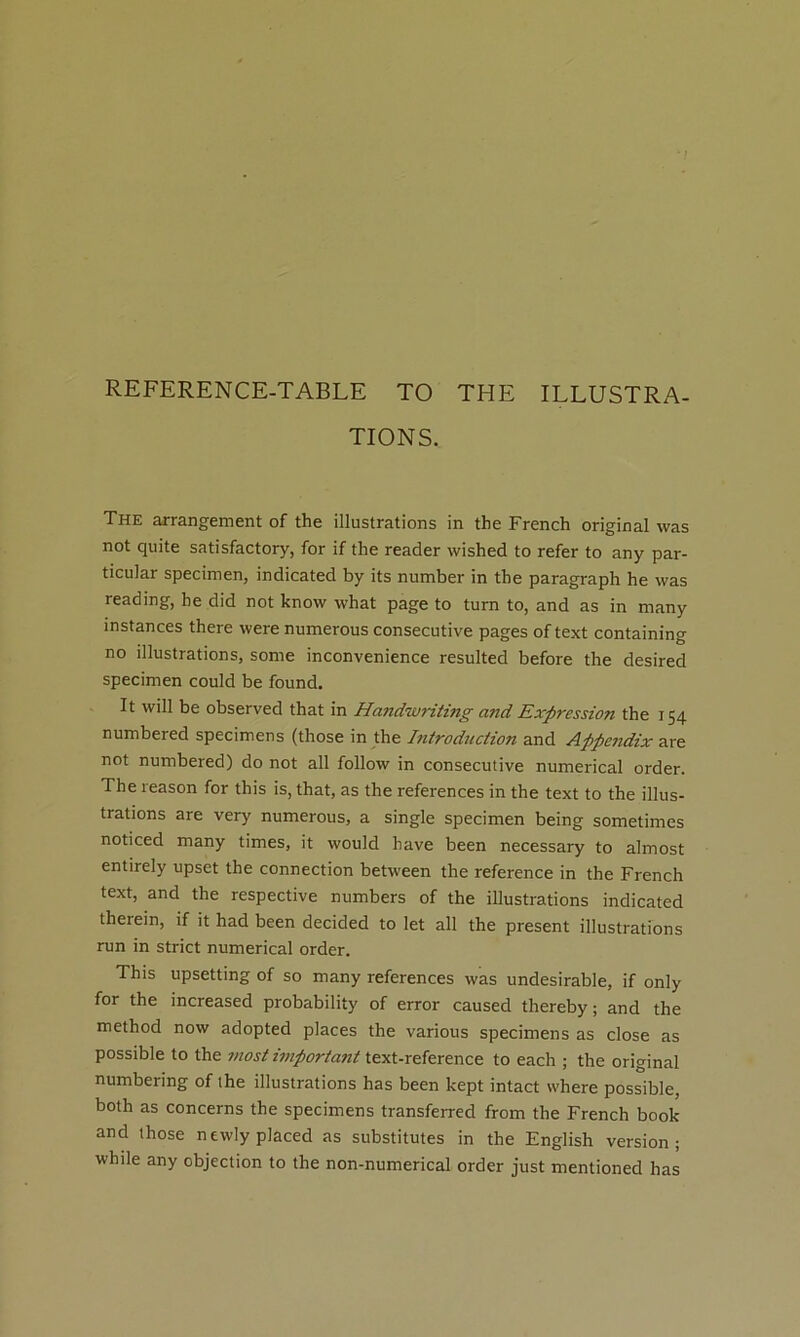 REFERENCE-TABLE TO THE ILLUSTRA- TIONS. The arrangement of the illustrations in the French original was not quite satisfactory, for if the reader vvished to refer to any par- ticular specimen, indicated by its number in the paragraph he was reading, he did not know what page to turn to, and as in many instances there were numerous consecutive pages of text containing no illustrations, some inconvenience resulted before the desired specimen could be found. It will be observed that in Handwriting and Expression the 154 numbered specimens (those in the Introduction and Appc?idix are not numbered) do not ail follow in consecutive numerical order. The reason for this is, that, as the references in the text to the illus- trations are very numerous, a single specimen being sometimes noticed many times, it would hâve been necessary to almost entirely upset the connection between the reference in the French text, and the respective numbers of the illustrations indicated therein, if it had been decided to let ail the présent illustrations run in strict numerical order. This upsetting of so many references was undesirable, if only for the increased probability of error caused thereby; and the method now adopted places the various specimens as close as possible to the nwst important text-reference to each ; the original numbering of the illustrations has been kept intact where possible, both as concerns the specimens transferred from the French book and those newlyplaced as substitutes in the English version; while any objection to the non-numerical order just mentioned has