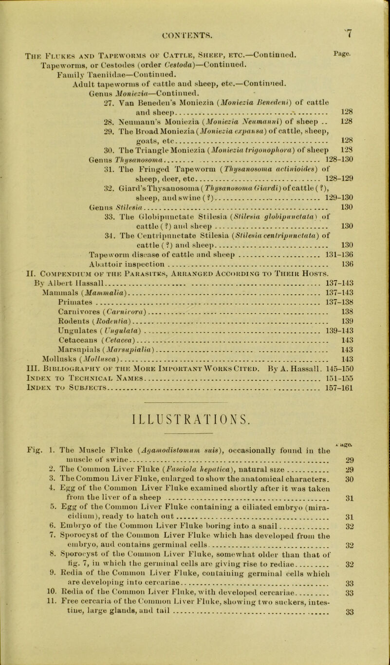 The Flukes and Tapeworms oe Cattle, Sheep, etc.—Continued. Page- Tapeworms, or Cestodes (order Cestoda)—Continued. Family Taeniidae—Continued. Adult tapeworms of cattle and sheep, etc.—Continued. Genus Moniezia—Continued. 27. Van Beueden's Moniezia (Moniezia Benedeni) of cattle and sheep \ 128 28. Neumann’s Moniezia (Moniezia Nenmanni) of sheep .. 128 29. The Broad Moniezia {Moniezia expan8a) of cattle, sheep, goats, etc 128 30. The Triangle Moniezia {Moniezia trigonophora) of sheep 128 Genus Thysanosoma 128-130 31. The Fringed Tapeworm ('Thysanosoma actinioides) of sheep, deer, etc j 128-129 32. Giard's Thysanosoma (Thysanosoma Giardi) of cattle ( ?), sheep, and swine (?) 129-130 Genus Stilesia 130 33. The Glohipunctate St ilesia {Stilesia globipunctata) of cattle (?) and sheep 130 34. The Centiipunctate Stilesia {Stilesiacentripnnctata) of cattle (?) and sheep 130 Tapeworm disease of cattle and sheep 131-136 Abattoir inspection 136 If. Compendium of the Parasites, Arranged According to Their Hosts. By Albert l[assail 137-143 Mammals (Mammalia) 137-143 Primates 137-138 Carnivores (Carnivora) 138 Rodents {ItodcnHa) 139 Ungulates ( Ungulata) 139-143 Cetaceans (Cetacea) 143 Marsupials {Marsupialia) 143 Mollusks {Mollnsca) 143 III. Bibliography of the More Important Works Cited. By A. Hassall. 145-150 Index to Technical Names 151-155 Index to Subjects 157-161 ILLUSTRATIONS a age. Fig. 1. The Muscle Fluke {Ayamodistomum suis), occasionally found in the muscle of swine 29 2. The Common Liver Fluke {Fasciola hepatica), natural size 29 3. The Common Liver Fluke, enlarged to show the anatomical characters. 30 4. Egg of the Common Liver Fluke examined shortly after it was taken from the liver of a sheep 31 5. Egg of the Common Liver Fluke containing a ciliated embryo (niira- cidium), ready to hatch out 31 6. Embryo of the Common Liver Fluke boring into a snail 32 7. Sporocyst of the Common Liver Fluke which has developed from the embryo, and contains germinal cells 32 8. Sporocyst of the Common Liver Fluke, somewhat older than that of tig. 7, in which the germinal cells are giving rise to rediae 32 9. Redia of the Common Liver Fluke, containing germinal cells which are developing into cercariae 33 10. Redia of the Common Liver Fluke, with developed cercariae 33 11. Free cercaria of the Common Liver Fluke, showing two suckers, intes- tine, large glands, and tail 33