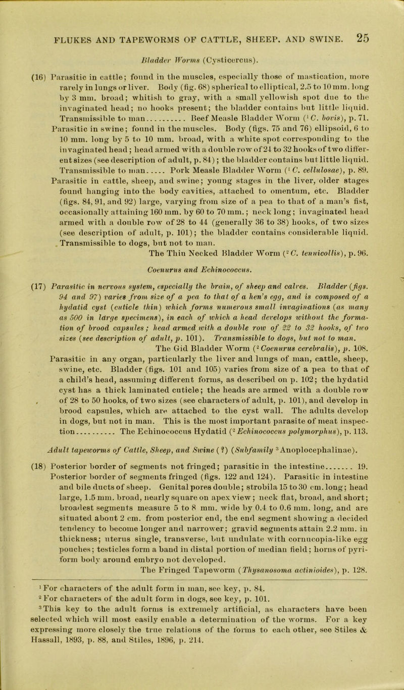 HI udder Worms (Cysticorcus). (16) Parasitic in cattle; found in the muscles, especially those of mastication, more rarely in lungs or liver. Body (fig. 68) spherical to elliptical, 2.5 to 10 mm. long by 3 mm. broad; whitish to gray, with a small yellowish spot due to the invaginated head; no hooks present; the bladder contains but little liquid. Transmissible to man Beef Measle Bladder Worm (lC. bovis), p. 71. Parasitic in swine; found in the muscles. Body (figs. 75 and 76) ellipsoid, 6 to 10 mm. long by 5 to 10 mm. broad, with a white spot corresponding to the in vaginated head ; head armed with a double row of 24 to 32 hooks of two differ- ent sizes (see description of adult, p. 84); the bladder contains but little liquid. Transmissible to man Pork Measle Bladder Worm (‘ C. cellulosae), p. 89. Parasitic in cattle, sheep, and swine; young stages in the liver, older stages found hangiug into the body cavities, attached to omentum, etc. Bladder (figs. 84, 91, and 92) large, varying from size of a pea to that of a man’s fist, occasionally attaining 160 mm. by 60 to 70 mm.; neck long; invaginated head armed with a double row of 28 to 44 (generally 36 to 38) hooks, of two sizes (see description of adult, p. 101); the bladder contains considerable liquid. Transmissible to dogs, but not to man. The Thin Necked Bladder Worm (2 C. tenuicollis), p. 96. Coenurus and Echinococcus. (17) Parasitic in nervous system, especially the brain, of sheep and calves. Bladder (figs. 94 and 97) varies from size of a pea to that of a lien's egg, and is composed of a hydatid cyst (cuticle thin) which forms numerous small invaginations (as many as 500 in large specimens), in each of ivhich a head develops ivitliout the forma- tion of brood capsules; head armed with a double roiv of 22 to 32 hooks, of tiro sizes (see description of adult, p. 101). Transmissible to dogs, but not to man. The Gid Bladder Worm (2 Coenurus cerebralis), p. 108. Parasitic in any organ, particularly the liver and lungs of man, cattle, sheep, swine, etc. Bladder (figs. 101 and 105) varies from size of a pea to that of a child’s head, assuming different forms, as described on p. 102; the hydatid cyst has a thick laminated cuticle; the heads are armed with a double row , of 28 to 50 hooks, of two sizes (see characters of adult, p. 101), and develop in brood capsules, which are attached to the cyst wall. The adults develop in dogs, but not in man. This is the most important parasite of meat inspec- tion The Echinococcus Hydatid (2 Echinococcus polymorphus), p. 113. Adult tapeworms of Cattle, Sheep, and Swine (?) (Subfamily 3 Anoplocephalinae). (18) Posterior border of segments not fringed; parasitic in the intestine 19. Posterior border of segments fringed (figs. 122 and 124). Parasitic in intestine and bile ducts of sheep. Genital pores double; strobila 15 to 30 cm. long; head large, 1.5 mm. broad, nearly square on apex view; neck flat, broad, and short; broadest segments measure 5 to 8 mm. wide by 0.4 to 0.6 mm. long, and are situated about 2 cm. from posterior end, the end segment showing a decided tendency to become longer and narrower; gravid segments attain 2.2 mm. in thickness; uterus single, transverse, but undulate with cornucopia-like egg pouches; testicles form a band in distal portion of median field; horns of pyri- form body around embryo not developed. The Fringed Tapeworm (Thysanosoma actinioides), p. 128. 1 For characters of the adult form in man, see key, p. 84. 2 For characters of the adult form in dogs, see key, p. 101. 3 This key to the adult forms is extremely artificial, as characters have been selected which will most easily enable a determination of the worms. For a key expressing more closely the true relations of the forms to each other, see Stiles & Hassall, 1893, p. 88, and Stiles, 1896, p. 214.
