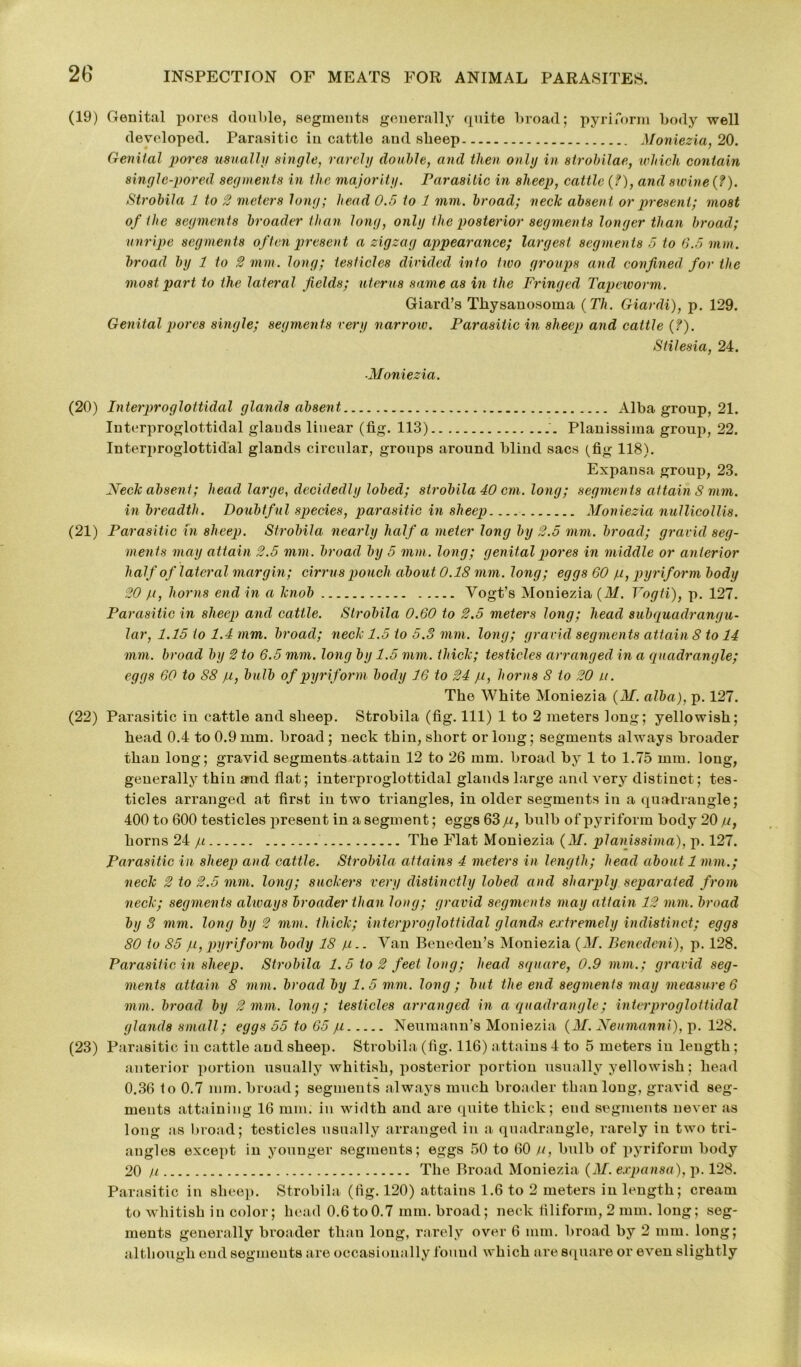 (19) Genital pores double, segments generally quite broad; pyriibrm body well developed. Parasitic in cattle and sheep Moniezia, 20. Genital pores usually single, rarely double, and then only in strobilae, which contain single-pored segments in the majority. Parasitic in sheep, cattle (?), and swine (?). Strobila 1 to 2 meters long; head 0.5 to 1 mm. broad; neck absen t or present; most of the segments broader than long, only the posterior segments longer than broad; unripe segments of ten present a zigzag appearance; largest segments 5 to 6.5 mm. broad by 1 to 2 mm. long; testicles divided into two groups and confined for the most part to the lateral fields; uterus same as in the Fringed Tapeworm. Giard’s Thysanosoma (Tlx. Giardi), p. 129. Genital pores single; segments very narrotv. Parasitic in sheep and cattle (?). Stilesia, 24. ■Moniezia. (20) Interproglottidal glands absent Alba group, 21. Interproglottidal glands linear (fig. 113) Planissima group, 22. Interproglottidal glands circular, groups around blind sacs (fig 118). Expansa group, 23. Neck absent; head large, decidedly lobed; strobila 40 cm. long; segments attain 8 mm. in breadth. Doubtful species, parasitic in sheep Moniezia nullicolUs. (21) Parasitic in sheep. Strobila nearly half a meter long by 2.5 mm. broad; gravid seg- ments may attain 2.5 mm. broad by 5 mm. long; genital pores in middle or anterior half of lateral margin; cirrus pouch about 0.18 mm. long; eggs 60 p, pyriform body 20 p, horns end in a knob Vogt’s Moniezia {M. Vogti), p. 127. Parasitic in sheep and cattle. Strobila 0.60 to 2.5 meters long; head subquadrangu- lar, 1.15 to 1.4 mm. broad; neck 1.5 to 5.8 mm. long; gravid segments attain 8 to 14 mm. broad by 2 to 6.5 mm. long by 1.5 mm. thick; testicles arranged in a quadrangle; eggs 60 to 88 ju, bulb of pyriform body 16 to 24 ju, horns 8 to 20 u. The White Moniezia (M. alba), p. 127. (22) Parasitic in cattle and sheep. Strobila (fig. Ill) 1 to 2 meters long; yellowish; head 0.4 to 0.9 mm. broad; neck thin, short or long; segments always broader than long; gravid segments attain 12 to 26 mm. broad by 1 to 1.75 mm. long, generally thin and flat; interproglottidal glands large and very distinct; tes- ticles arranged at first in two triangles, in older segments in a quadrangle; 400 to 600 testicles present in a segment; eggs 63 ju, bulb of pyriform body 20 p, horns 24 p The Flat Moniezia (M. planissima), p. 127. Parasitic in sheep and cattle. Strobila attains 4 meters in length; head about 1 mm.; neck 2 to 2.5 mm. long; suckers very distinctly lobecl and sharply separated from neck; segments always broader than long; gravid segments may attain 12 mm. broad by 3 mm. long by 2 mm. thick; interproglottidal glands extremely indistinct; eggs 80 to 85 ju, pyriform body 18 p.. Van Beneden’s Moniezia (M. Benedeni), p. 128. Parasitic in sheep. Strobila 1. 5 to 2 feet long; head square, 0.9 mm.; gravid seg- ments attain 8 mm. broad by 1.5 mm. long ; but the end segments may measure 6 mm. broad by 2 mm. long; testicles arranged in a quadrangle; interproglottidal glands small; eggs 55 to 65 p Neumann’s Moniezia (M. Neumanni), p. 128. (23) Parasitic in cattle and sheep. Strobila (fig. 116) attains 4 to 5 meters in length; anterior portion usually whitish, posterior portion usually yellowish; head 0.36 to 0.7 mm. broad; segments always much broader than long, gravid seg- ments attaining 16 mm. in width and are quite thick; end segments never as long as broad; testicles usually arranged in a quadrangle, rarely in two tri- angles except in younger segments; eggs 50 to 60 p, bulb of pyriform body 20 p The Broad Moniezia (M. expansa), p. 128. Parasitic in sheep. Strobila (fig. 120) attains 1.6 to 2 meters in length; cream to whitish in color; head 0.6to0.7 mm. broad; neck filiform, 2 mm. long; seg- ments generally broader than long, rarely over 6 mm. broad by 2 mm. long; although end segments are occasionally found which are square or even slightly