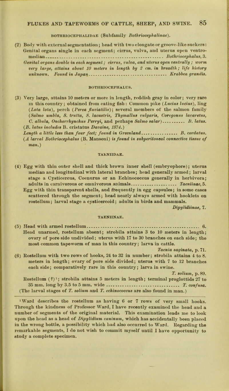 bothriocephalidae (Subfamily Bothriooephalinae). (2) Body with external segmentation ; head with two elongate or groove-like suckers: Genital organs single in each segment; cirrus, vulva, and uterus open ventro- median Bothriocephalus, 3. Genital organs double in each segment; cirrus, vulva, and uterus open ventrally ; worm very large, attains about 10 meters in length by 2 cm. in breadth; life history unknown. Found in Japan Krabbea grandis. BOTHRIOCEPHALUS. (3) Very large, attains 10 meters or more in length, reddish gray in color; very rare in this country; obtained from eating fish : Common pike (Lucius lucius), ling {Lota lota), perch (Perea fluviatilis)-, several members of the salmon family (Salmo umbla, S. trutta, S. lacustris, Thymallus vulgaris, Coregonus lavaretus, C. albula, Onchorrhynchus Perryi, and perhaps Salmo salar) B. latus. (B. latus includes B. cristatus Davaine, 1874.) Length a little less than four feet; found in Greenland B. cordatus. (A larval Bothriocephalus (B. Mansoni) is found in subperiioncal connective tissue of man.) TAENIIDAE. (4) Egg with thin outer shell and thick brown inner shell (embryophore); uterus median and longitudinal with lateral branches; head generally armed; larval stage a Cysticercus, Coenurus or an Echinococcus generally in herbivora; adults in carnivorous or omnivorous animals Taeniinae, 5. Egg with thin transparent shells, and frequently in egg capsules; in some cases scattered through the segment; head nearly always armed with booklets on rostellum; larval stage a cysticercoid; adults in birds and mammals. Dipylidiinae, 7. TAENIINAJS. (5) Head with armed rostellum 6. Head unarmed, rostellum absent; strobila attains 3 to 10 meters in length; ovary of pore side undivided; uterus with 17 to 30 branches on each side; the most common tapeworm of man in this country; larva in cattle. Taenia saginata, p. 71. (6) Rostellum with two rows of hooks, 24 to 32 in number; strobila attains 4 to 8. meters in length; ovary of pore side divided; uterus with 7 to 12 branches each side; comparatively rare in this country; larva in swine. T. solium, p. 89. Rostellum (?)1; strobila attains 5 meters in length; terminal proglottids 27 to 35 mm. long by 3.5 to 5 mm. wide T. confnsa. (The larval stages of T. solium and T. echinococcus are also found in man.) ‘Ward describes the rostellum as having 6 or 7 rows of very small hooks. Through the kindness of Professor Ward, I have recently examined the head and a number of segments of the original material. This examination leads me to look upon the head as a head of Dipylidium caninum, which has accidentally been placed in the wrong bottle, a possibility which had also occurred to Ward. Regarding the remarkable segments, I do not wish to commit myself until I have opportunity to study a complete specimen.