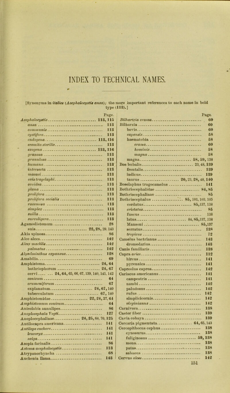 INDEX TO TECHNICAL NAMES. [Synonyms in italics (Acephalocystis ansa); the more important references to each name in bold type (113).] Page. Acephalocystis 113,115 ansa 113 communis 113 cystifera 113 endogena 113, 116 eremita sterilis 113 exogena 113,116 granosa 113 granulosa 113 humana 113 intersecta 113 macaci 113 ovis trayelaphi 113 ovoidea 113 plana 113 prolifer a 113 prolifer a socialis 113 racemosa 113 simplex 113 suilla 113 surculigera 113 Agamodistomum 28 suis 22,28,29,143 Akis spinosa : 86 Alcealces 142 Alces machlis 142 palmatus 142 Alyselminthus expansus 128 Amabilia 69 Amphistoma 24, 64 bothriophorum 24, 67 cervi 24, 64, 65, 66, 67,139,140,141,142 conicum 64 crumeniferum 67 exjjlanatnm 24,67,140 tuberculatum 67, 140 Amphistomidae 22,24,27,64 Amphistomum conicum 64 Auisolabis annulipes 86 Anoplocephala Vogti 127 Anoplocephaliuae 24, 25,68, 70, 125 Antilocapra americana 141 Antilope euchore 141 leucoryx 141 saiga 141 Asopia farinalis 86 A stoma acephalocystis 113 Atrypanorhyncha 68 Auchenia llama 143 Bilhartzia crassa Bilharzia bo vis capensis haematobia crassa hominis magna magna Bos bubalis frontalis indicus taurus Boselapbus tragocamelus Bothriocephalidae Bothriocephalinae Bothriocephalus cordatus cristatus fuscus latus Mansoni . serratus tropicus Camelus bactrianus dromedarius Canis familiaris Capra aries hircus pyrenaica Capreolus caprea Cariacus americanus campestris nambi paludosus rufus simplicicornis v irginianus Carnivora Castor liber Cavia cobaya Cercaria pigmentata CercopithecuB ceplius cynosurus fuliginosus mona patas sabaeus Cervus alces Page. 60 60 60 58 58 60 58 58 58, 59, 138 23,48,139 139 139 20,23, 28, 48,140 141 84,85 85 .. 85, 101,103,105 85,137,138 85 138 ... 84,85,137,138 85,137 138 72 143 143 138 112 141 141 142 141 141 142 142 142 142 142 138 139 139 64,65,143 138 138 59,138 188 .< 138 18S 142