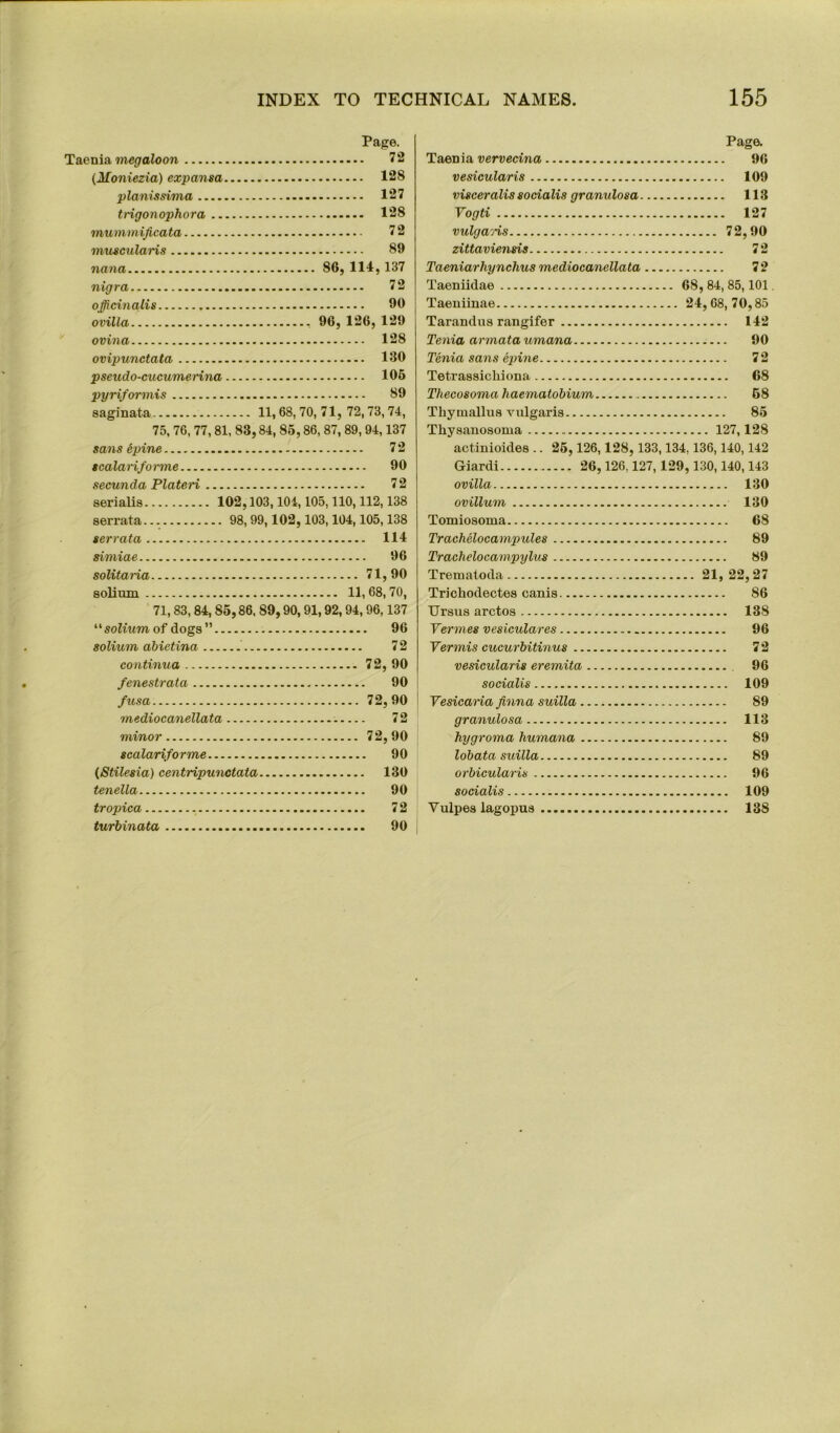 Page. Taenia megaloon 72 (Moniezia) expansa 128 pianissimo, 127 trigonophora 128 mummificata 72 muscularis 89 nana 86,111,137 nigra 72 officinalis 90 ovilla . 96, 126, 129 ovina 128 ovipunctata 130 pseudo-cucumerina 106 pyriformis 89 saginata 11,68, 70, 71, 72,73, 74, 75, 76, 77, 81, 83,84, 85,86, 87, 89, 94,137 sans epine 72 scalaHforme 90 secunda PlateH 72 serialis 102,103,104,105,110,112,138 serrata... 98,99,102,103,104,105,138 ter rata Ill simiae 96 solitaria 71,90 solium 11,68,70, 71, 83, 84, 85,86, 89,90, 91,92, 94, 96,137 '•'■solium of dogs” 96 solium abietina 72 continua 72, 90 fenestrata 90 fusa 7 2, 90 mediocanellata 72 minor 72,90 scalariforme 90 (Stilesia) centripunctata 130 tenella 90 tropica 72 turbinata 90 Page. Taenia vervecina 96 vesicular is 109 visceralis socialis gramdosa 113 Vogti 127 vulgaris 72,90 zittaviensis 72 Taeniarhynchus mediocanellata 72 Taeniidae 68, 84, 85,101. Taeniinae 24,68, 70,85 Tarandus rangifer 142 Tenia armata umana 90 Tenia sans epine 72 Tet.rassichiona 68 Thecosoma haematobium 58 Thymallus vulgaris 85 Thysanosoma 127,128 actinioides .. 25,126,128, 133,134,136,140, 142 Giardi 26,126,127,129, 130,140,143 ovilla 130 ovillum 130 Tomiosoma 68 Trachelocampides 89 Trachelocampylus 89 Trematoda 21,22,27 Trichodectes canis 86 XJrsus arctos 138 Vermes vesiculares 96 Vermis cucurbitinus 72 vesicularis eremita 96 socialis 109 VesicaHa finna suilla 89 granulosa 113 hygroma Humana 89 lobata suilla 89 orbicularis 96 socialis 109 Vulpes lag opus 138