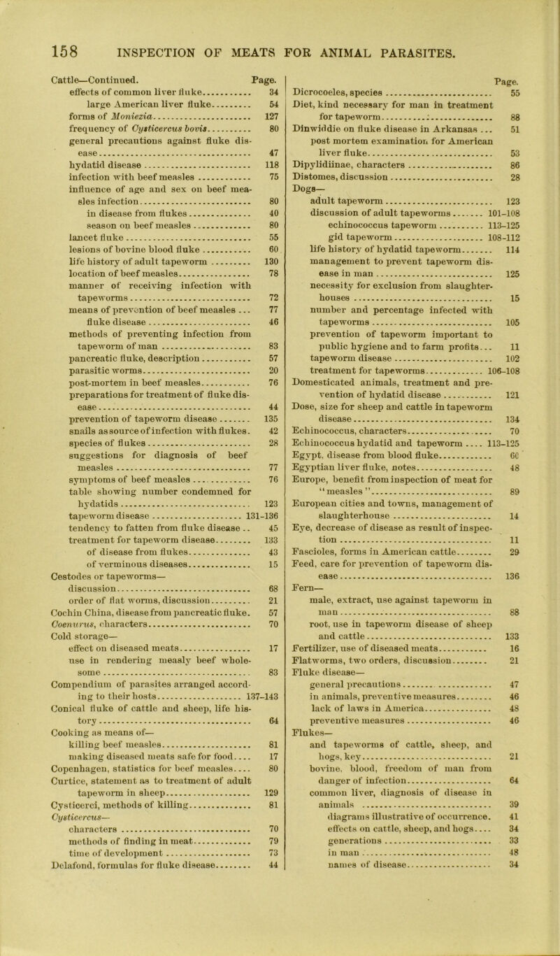 Cattle—Continued. Page. effects of common liver lluke 34 large American liver fluke 54 forms of Moniezia 127 frequency of Cyiticercus bovis 80 general precautions against fluke dis- ease 47 hydatid disease 118 infection with beef measles 75 influence of age and sex on beef mea- sles infection 80 in disease from flukes 40 season on beef measles 80 lancet fluke 55 lesions of bovine blood fluke 60 life history of adult tapeworm 130 location of beef measles 78 manner of receiving infection with tapeworms 72 means of prevention of beef measles ... 77 fluke disease 46 methods of preventing infection from tapeworm of man 83 pancreatic fluke, description 57 parasitic worms 20 post-mortem in beef measles 76 preparations for treatment of fluke dis- ease 44 prevention of tapeworm disease 135 snails as source of infection with flukes. 42 species of fl ukes 28 suggestions for diagnosis of beef measles 77 symptoms of beef measles 76 table showing number condemned for hydatids 123 tapeworm disease 131-136 tendency to fatten from fluke disease .. 45 treatment for tapeworm disease 133 of disease from flukes 43 of verminous diseases 15 Cestodes or tapeworms— discussion 68 order of flat worms, discussion 21 Cochin China, disease from pancreatic fluke. 57 Goenurus, characters 70 Cold storage— effect on diseased meats 17 use in rendering measly beef whole- some 83 Compendium of parasites arranged accord- ing to their hosts 137-143 Conical fluke of cattle and sheep, life his- tory 64 Cooking as means of— killing beef measles „ 81 making diseased meats safe for food 17 Copenhagen, statistics for beef measles 80 Curtice, statement as to treatment of adult tapeworm in sheep 129 Cysticerci, methods of killing 81 Cysticercus— characters 70 methods of finding in meat 79 time of development 73 Delafond. formulas for fluke disease 44 Page. Dicrocoeles, species 55 Diet, kind necessary for man in treatment for tapeworm : 88 Dinwiddie on fluke disease in Arkansas ... 51 post mortem examination for American liver fluke 53 Dipylidiinae, characters 86 Distomes, discussion 28 Dogs— adult tapeworm 123 discussion of adult tapeworms 101-108 echinococcus tapeworm 113-125 gid tapeworm 108-112 life history of hydatid tapeworm 114 management to prevent tapeworm dis- ease in man 125 necessity for exclusion from slaughter- houses 15 number and percentage infected with tapeworms 105 prevention of tapeworm important to public hygiene and to farm profits... 11 tapeworm disease 102 treatment for tapeworms 106-108 Domesticated animals, treatment and pre- vention of hydatid disease 121 Dose, size for sheep and cattle in tapeworm disease 134 Echinococcus, characters 70 Echinococcus hydatid and tapeworm 113-125 Egypt, disease from blood fluke 6C Egyptian liver fluke, notes 48 Europe, benefit from inspection of meat for “measles” 89 European cities and towns, management of slaughterhouse 14 Eye, decrease of disease as result of inspec- tion 11 Fascioles, forms in American cattle 29 Eeed, care for prevention of tapeworm dis- ease 136 Eern— male, extract, use against tapeworm in man 88 root, use in tapeworm disease of sheep and cattle 133 Fertilizer, use of diseased meats 16 Flatworms, two orders, discussion 21 Fluke disease- general precautions 47 in animals, preventive measures 46 lack of laws in America 48 preventive measures 46 Flukes— and tapeworms of cattle, sheep, and hogs, key 21 bovine, blood, freedom of man from danger of infection 64 common liver, diagnosis of disease in animals 39 diagrams illustrative of occurrence. 41 effects on cattle, sheep, and hogs 34 generations 33 in man - 48 names of disease 34