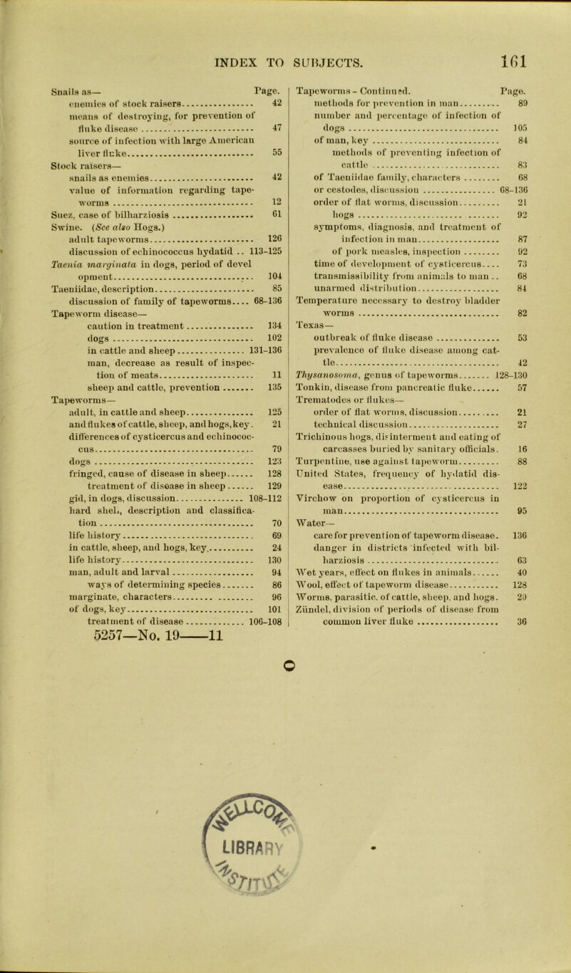 Snails as— Page. enemies of stock raisers 42 means of destroying, for prevention of fluke diseaso 47 source of infection with largo American liver fluke 55 Stock raisers— snails as enemies 42 value of information regarding tape- worms 12 Suez, case of billiarziosis 51 Swine. (See also Hogs.) adult tapeworms 126 discussion of echinococcus hydatid .. 113-125 Taenia marginata iu dogs, period of devel opment 104 Taeuiidae, description 85 discussion of family of tapeworms 68-136 Tapeworm disease— caution in treatment 134 dogs 102 in cattle and sheep 131-136 man, decrease as result of inspec- tion of meats 11 sheep and cattle, prevention 135 Tapeworms— adult, in cattle and sheep 125 and flukes of cattle, sheep, and hogs, key. 21 differences of cysticercus and echinococ- cus 79 dogs - 123 fringed, cause of disease in sheep 128 treatment of disease in sheep 129 gid, in dogs, discussion 108-112 hard shell, description and classifica- tion 70 life history 69 in cattle, sheep, and hogs, key, 24 life history 130 man, adult and larval 94 ways of determining species 86 marginate, characters 96 of dogs, key 101 treatment of disease 106-108 5257—No. 19 11 Tapeworms - Continu ed. Page. methods for prevention in man 89 number and percentage of infection of dogs 105 of man, key 84 methods of prevenling infection of cattle 83 of Taeuiidae family, characters 68 or cestodes, discussion 68-136 order of flat worms, discussion 21 hogs 92 symptoms, diagnosis, and treatment of infection in man 87 of pork measles, inspection 92 time of development of cysticercus 73 transmissibility from animals to man .. 68 unarmed distribution 84 Temperature necessary to destroy bladder worms 82 Texas— outbreak of fluke disease 53 prevalence of fluke disease among cat- tle 42 Thysanosoma, genus of tapeworms 128-130 Tonkin, disease from pancreatic fluke 57 Trematodcs or flukes— order of flat worms, discussion 21 technical discussion 27 Trichinous hogs, disinterment and eating of carcasses buried by sanitary officials. 16 Turpentine, use against tapeworm 88 United States, frequency of hydatid dis- ease 122 Virchow on proportion of cysticercus in man 95 Water- care for prevention of tapeworm disease. 136 danger iu districts infected with bil- liarziosis 63 Wet years, effect on flukes in animals 40 Wool, effect of tapeworm disease 128 Worms, parasitic, of cattle, sheep, and hogs. 29 Ziindel, division of periods of disease from common liver fluke 36 o