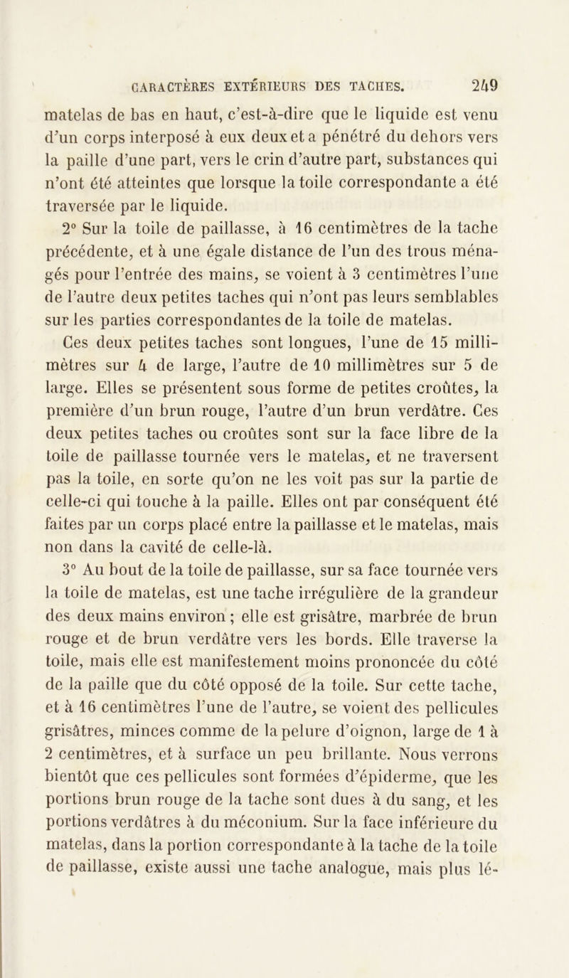 matelas de bas en haut, c’est-à-dire que le liquide est venu d'un corps interposé à eux deux et a pénétré du dehors vers la paille d’une part, vers le crin d’autre part, substances qui n’ont été atteintes que lorsque la toile correspondante a été traversée par le liquide. 2° Sur la toile de paillasse, à 16 centimètres de la tache précédente, et à une égale distance de l’un des trous ména- gés pour l’entrée des mains, se voient à 3 centimètres l’une de l’autre deux petites taches qui n’ont pas leurs semblables sur les parties correspondantes de la toile de matelas. Ces deux petites taches sont longues, l’une de 15 milli- mètres sur U de large, l’autre de 10 millimètres sur 5 de large. Elles se présentent sous forme de petites croûtes, la première d’un brun rouge, l’autre d’un brun verdâtre. Ces deux petites taches ou croûtes sont sur la face libre de la toile de paillasse tournée vers le matelas, et ne traversent pas la toile, en sorte qu’on ne les voit pas sur la partie de celle-ci qui touche à la paille. Elles ont par conséquent été faites par un corps placé entre la paillasse et le matelas, mais non dans la cavité de celle-là. 3° Au bout de la toile de paillasse, sur sa face tournée vers la toile de matelas, est une tache irrégulière de la grandeur des deux mains environ ; elle est grisâtre, marbrée de brun rouge et de brun verdâtre vers les bords. Elle traverse la toile, mais elle est manifestement moins prononcée du côté de la paille que du côté opposé de la toile. Sur cette tache, et à 16 centimètres l’une de l’autre, se voient des pellicules grisâtres, minces comme de la pelure d’oignon, large de 1 à 2 centimètres, et à surface un peu brillante. Nous verrons bientôt que ces pellicules sont formées d’épiderme, que les portions brun rouge de la tache sont dues à du sang, et les portions verdâtres à du méconium. Sur la face inférieure du matelas, dans la portion correspondante à la tache de la toile de paillasse, existe aussi une tache analogue, mais plus lé-