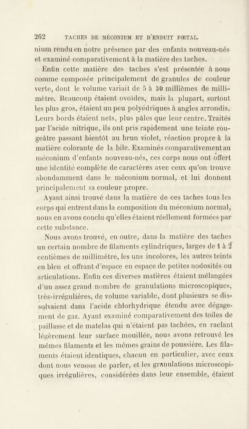 nium rendu en notre présence par des enfants nouveau-nés et examiné comparativement à la matière des taches. Enfin cette matière des taches s’est présentée à nous comme composée principalement de granules de couleur verte, dont le volume variait de 5 à 30 millièmes de milli- mètre. Beaucoup étaient ovoïdes, mais la plupart, surtout les plus gros, étaient un peu polyédriques à angles arrondis. Leurs bords étaient nets, plus pâles que leur centre. Traités par Facide nitrique, ils ont pris rapidement une teinte rou- geâtre passant bientôt au brun violet, réaction propre à la matière colorante de la bile. Examinés comparativement au * méconium d’enfants nouveau-nés, ces corps nous ont offert une identité complète de caractères avec ceux qu’on trouve abondamment dans le méconium normal, et lui donnent principalement sa couleur propre. Ayant ainsi trouvé dans la matière de ces taches tous les corps qui entrent dans la composition du méconium normal, nous en avons conclu qu’elles étaient réellement formées par cette substance. Nous avons trouvé, en outre, dans la matière des taches un certain nombre de filaments cylindriques, larges de 1 à 2 centièmes de millimètre, les uns incolores, les autres teints en bleu et offrant d’espace en espace de petites nodosités ou articulations. Enfin ces diverses matières étaient mélangées d’un assez grand nombre de granulations microscopiques, très-irrégulières, de volume variable, dont plusieurs se dis- solvaient dans l’acide chlorhydrique étendu avec dégage- ment de gaz. Ayant examiné comparativement des toiles de paillasse et de matelas qui n’étaient pas tachées, en raclant légèrement leur surface mouillée, nous avons retrouvé les mêmes filaments et les mêmes grains de poussière. Les fila- ments étaient identiques, chacun en particulier, avec ceux dont nous venons de parler, et les granulations microscopi- ques irrégulières, considérées dans leur ensemble, étaient f