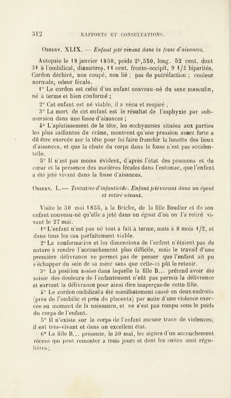 Observ. XLIX. — Enfant jeté vivant dans la fosse d'aisances. Autopsie le 18 janvier 1850, poids 2k,550, long. 52 cent, dont 31 à l'ombilical, diamètres. Il cent, fronto-occipit, 9 1/2 biparités. Cordon déchiré, non coupé, non lié ; pas de putréfaction ; couleur normale; odeur fécale. 1° Le cordon est celui d’un enfant nouveau-né du sexe masculin, né à terme et bien conformé ; 2° Cet enfant est. né viable, il a vécu et respiré ; 3° La mort de cet enfant est le résultat de l’asphyxie par sub- mersion dans une fosse d’aisances ; 4° L'aplatissement de la tête, les ecchymoses situées aux parties les plus saillantes du crâne, montrent qu’une pression assez forte a dû être exercée sur la tête pour lui faire franchir la lunette des lieux d’aisances, et que la chute du corps dans la fosse n’est pas acciden- telle. 5° 11 n’est pas moins évident, d’après l’état des poumons et du cœur et la présence des matières fécales dans l’estomac, que l’enfant a été jeté vivant dans la fosse d’aisances. Observ. L.— Tentative d'infanticide. Enfant jetévivanl dans un égout et retiré vivant. Visite le 30 mai 1855, à la Briche, de la fille Boudier et de son enfant nouveau-né qu’elle a jeté dans un égout d’où on l’a retiré vi- vant le 27 mai. 1° L’enfant n’est pas né tout à fait à terme, mais à 8 mois 1/2, et dans tous les cas parfaitement viable. 2° La conformation et les dimensions de l’enfant n’étaient pas de nature à rendre l’accouchement plus difficile, mais le travail d’une première délivrance ne permet pas de penser que l’enfant ait pu s’échapper du sein de sa mère sans que celle-ci pût le retenir. 3° La position assise dans laquelle la fille B... prétend avoir été saisie des douleurs de l’enfantement n’eût pas permis la délivrance et surtout la délivrance pour ainsi dire inaperçue de cette fille. 4° Le cordon ombilical a été manifestement cassé en deux endroits (près de l’ombilic et près du placenta) par suite d’une violence exer- cée au moment de la naissance, et ne s’est pas rompu sous le poids du corps de l’enfant. 5° 11 n’existe sur le corps de l’enfant aucune trace de violences; il est très-vivant et dans un excellent étal. 6* La fille B... présente, le 30 mai, les signes d’un accouchement récent qui peut remonter a trois jours et dont les suites sont régu- lières ;