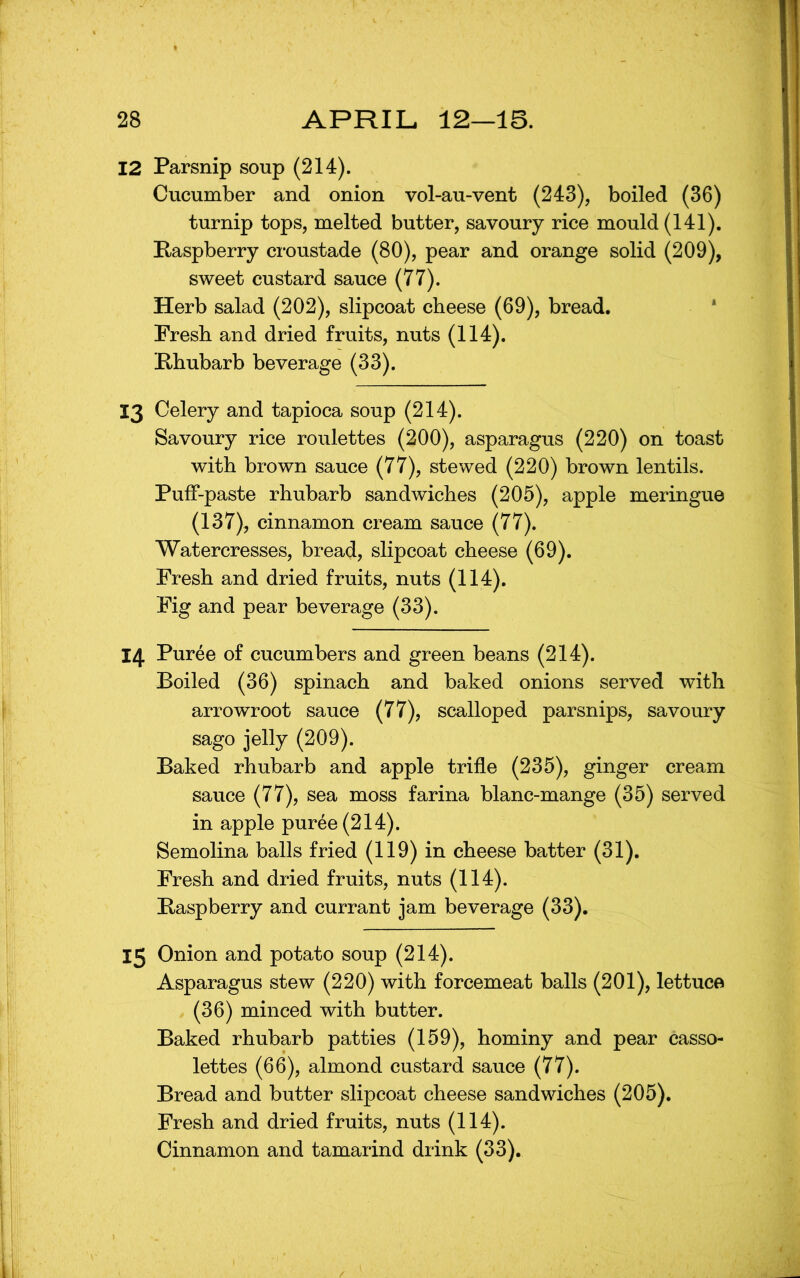 12 Parsnip soup (214). Cucumber and onion vol-au-vent (243), boiled (36) turnip tops, melted butter, savoury rice mould (141). Paspberry croustade (80), pear and orange solid (209), sweet custard sauce (77). Herb salad (202), slipcoat cheese (69), bread. ‘ Fresh and dried fruits, nuts (114). Phubarb beverage (33). 13 Celery and tapioca soup (214). Savoury rice roulettes (200), asparagus (220) on toast with brown sauce (77), stewed (220) brown lentils. Puff-paste rhubarb sandwiches (205), apple meringue (137), cinnamon cream sauce (77). Watercresses, bread, slipcoat cheese (69). Fresh and dried fruits, nuts (114). Fig and pear beverage (33). 14 Puree of cucumbers and green beans (214). Boiled (36) spinach and baked onions served with arrowroot sauce (77), scalloped parsnips, savoury sago jelly (209). Baked rhubarb and apple trifle (235), ginger cream sauce (77), sea moss farina blanc-mange (35) served in apple puree (214). Semolina balls fried (119) in cheese batter (31). Fresh and dried fruits, nuts (114). Paspberry and currant jam beverage (33). 15 Onion and potato soup (214). Asparagus stew (220) with forcemeat balls (201), lettuce (36) minced with butter. Baked rhubarb patties (159), hominy and pear casso- lettes (66), almond custard sauce (77). Bread and butter slipcoat cheese sandwiches (205). Fresh and dried fruits, nuts (114). Cinnamon and tamarind drink (33).