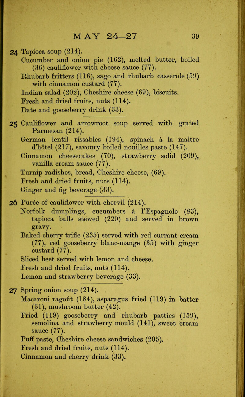 24 Tapioca soup (214). Cucumber and onion pie (162), melted butter, boiled (36) cauliflower with cheese sauce (77). Khubarb fritters (116), sago and rhubarb casserole (59) with cinnamon custard (77). Indian salad (202), Cheshire cheese (69), biscuits. Fresh and dried fruits, nuts (114). Date and gooseberry drink (33). 25 Cauliflower and arrowroot soup served with grated Parmesan (214). German lentil rissables (194), spinach a la maitre d’hotel (217), savoury boiled nouilles paste (147). Cinnamon cheesecakes (70), strawberry solid (209), vanilla cream sauce (77). Turnip radishes, bread, Cheshire cheese, (69). Fresh and dried fruits, nuts (114). Ginger and fig beverage (33). 26 Puree of cauliflower with chervil (214). ^7orfolk dumplings, cucumbers k TEspagnole (83), tapioca balls stewed (220) and served in brown gravy. Baked cherry trifle (235) served with red currant cream (77), red gooseberry blanc-mange (35) with ginger custard (77). Sliced beet served with lemon and cheese. Fresh and dried fruits, nuts (114). Lemon and strawberry beverage (33). 27 Spring onion soup (214). Macaroni ragout (184), asparagus fried (119) in batter (31), mushroom butter (42). Fried (119) gooseberry and rhubarb patties (159), semolina and strawberry mould (141), sweet cream sauce (77). Puff paste, Cheshire cheese sandwiches (205). Fresh and dried fruits, nuts (114). Cinnamon and cherry drink (33).