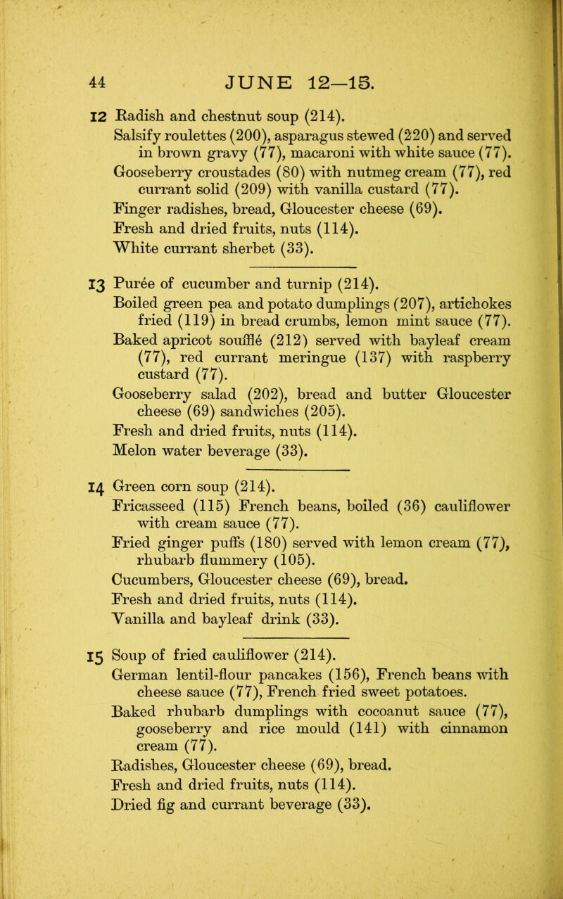 12 Kadish and chestnut soup (214). Salsify roulettes (200), asparagus stewed (220) and served in brown gravy (77), macaroni with white sauce (77). Gooseberry croustades (80) with nutmeg cream (77), red currant solid (209) with vanilla custard (77). Finger radishes, bread, Gloucester cheese (69). Fresh and dried fruits, nuts (114). White currant sherbet (33). 13 Puree of cucumber and turnip (214). Boiled green pea and potato dumplings (207), artichokes fried (119) in bread crumbs, lemon mint sauce (77). Baked apricot souffle (212) served with bayleaf cream (77), red currant meringue (137) with raspberry custard (77). Gooseberry salad (202), bread and butter Gloucester cheese (69) sandwiches (205). Fresh and dried fruits, nuts (114). Melon water beverage (33). 14 Green corn soup (214). Fricasseed (115) French beans, boiled (36) cauliflower with cream sauce (77). Fried ginger pufls (180) served with lemon cream (77), rhubarb flummery (105). Cucumbers, Gloucester cheese (69), bread. Fresh and dried fruits, nuts (114). Yanilla and bayleaf drink (33). 15 Soup of fried cauliflower (214). German lentil-flour pancakes (156), French beans with cheese sauce (77), French fried sweet potatoes. Baked rhubarb dumplings with cocoanut sauce (77), gooseberry and rice mould (141) with cinnamon cream (77). Badishes, Gloucester cheese (69), bread. Fresh and dried fruits, nuts (114).