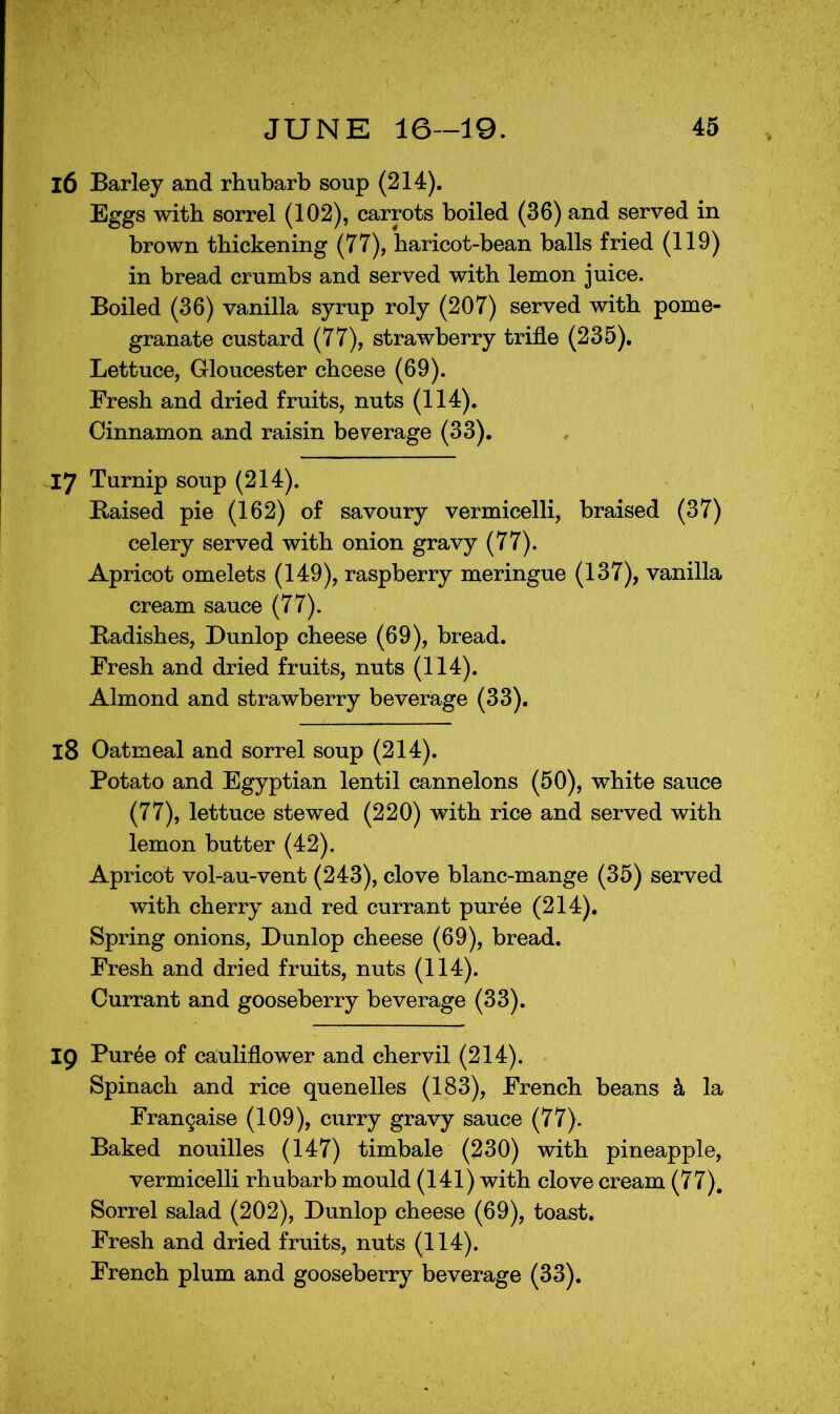 16 Barley and rhubarb soup (214). Eggs with sorrel (102), carrots boiled (36) and served in brown thickening (77), haricot-bean balls fried (HO) in bread crumbs and served with lemon juice. Boiled (36) vanilla syrup roly (207) served with pome- granate custard (77), strawberry trifle (235), Lettuce, Gloucester cheese (69). Fresh and dried fruits, nuts (114). Cinnamon and raisin beverage (33). 17 Turnip soup (214). Baised pie (162) of savoury vermicelli, braised (37) celery served with onion gravy (77). Apricot omelets (149), raspberry meringue (137), vanilla cream sauce (77). Badishes, Dunlop cheese (69), bread. Fresh and dried fruits, nuts (114). Almond and strawberry beverage (33), 18 Oatmeal and sorrel soup (214). Potato and Egyptian lentil cannelons (50), white sauce (77), lettuce stewed (220) with rice and served with lemon butter (42). Apricot vol-au-vent (243), clove blanc-mange (35) served with cherry and red currant puree (214), Spring onions, Dunlop cheese (69), bread. Fresh and dried fruits, nuts (114). Currant and gooseberry beverage (33). 19 Puree of caiuliflower and chervil (214). Spinach and rice quenelles (183), French beans ^ la Frangaise (109), curry gravy sauce (77). Baked nouilles (147) timbale (230) with pineapple, vermicelli rhubarb mould (141) with clove cream (77), Sorrel salad (202), Dunlop cheese (69), toast. Fresh and dried fruits, nuts (114). French plum and gooseberry beverage (33),