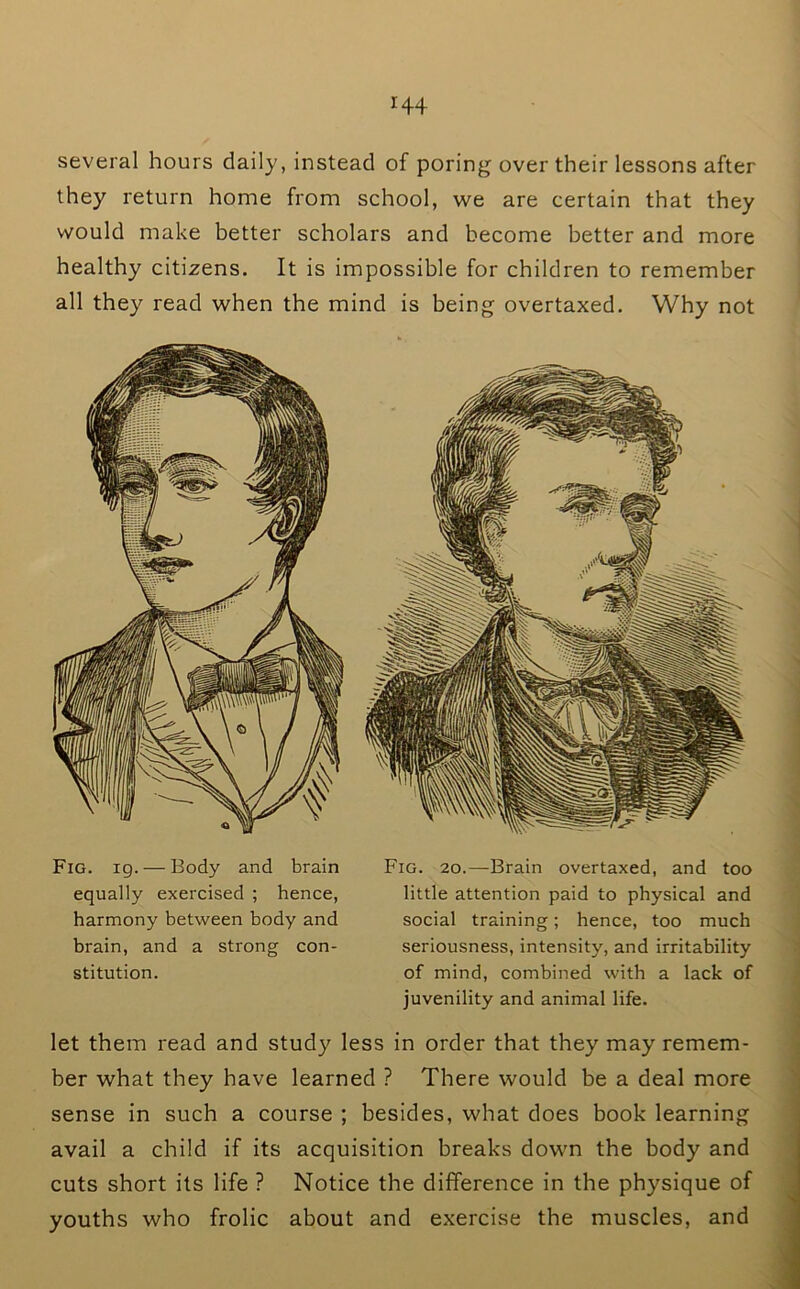 several hours daily, instead of poring over their lessons after they return home from school, we are certain that they would make better scholars and become better and more healthy citizens. It is impossible for children to remember all they read when the mind is being overtaxed. Why not Fig. 19. — Body and brain equally exercised ; hence, harmony between body and brain, and a strong con- stitution. Fig. 20.—Brain overtaxed, and too little attention paid to physical and social training; hence, too much seriousness, intensity, and irritability of mind, combined with a lack of juvenility and animal life. let them read and study less in order that they may remem- ber what they have learned ? There would be a deal more sense in such a course ; besides, what does book learning avail a child if its acquisition breaks down the body and cuts short its life ? Notice the difference in the physique of youths who frolic about and exercise the muscles, and