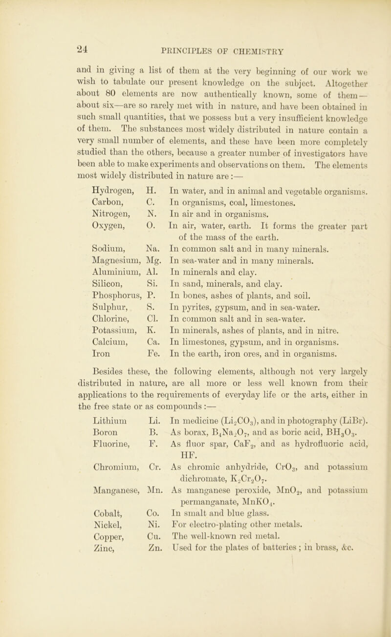 and in giving a list of them at the very beginning of our work we wish to tabulate our present knowledge on the subject. Altogether about 80 elements are now authentically known, some of them — about six—are so rarely met with in nature, and have been obtained in such small quantities, that we possess but a very insufficient knowledge of them. The substances most widely distributed in nature contain a very small number of elements, and these have been more completely studied than the others, because a greater number of investigators have been able to make experiments and observations on them. The elements most widely distributed in nature are:— Hydrogen, H. Carbon, C. Nitrogen, N. Oxygen, 0. Sodium, Na. Magnesium, Mg. Aluminium, Al. Silicon, Si. Phosphorus, P. Sulphur, S. Chlorine, Cl. Potassium, K. Calcium, Ca. Iron Fe. In water, and in animal and vegetable organisms. In organisms, coal, limestones. In air and in organisms. In air, water, earth. It forms the greater part of the mass of the earth. In common salt and in many minerals. In sea-water and in many minerals. In minerals and clay. In sand, minerals, and clay. In bones, ashes of plants, and soil. In pyrites, gypsum, and in sea-water. In common salt and in sea-water. In minerals, ashes of plants, and in nitre. In limestones, gypsum, and in organisms. In the earth, iron ores, and in organisms. Besides these, the following elements, although not very largely distributed in nature, are all more or less well known from their applications to the requirements of everyday life or the arts, either in the free state or as compounds :— Lithium Boron Fluorine, Chromium, Manganese, Cobalt, Nickel, Copper, Zinc, Li. In medicine (LLC03), and in photography (LiBr). B. As borax, B4Na207, and as boric acid, BH303. F. As fluor spar, CaF2, and as hydrofluoric acid, HF. Cr. As chromic anhydride, Cr03, and potassium dichromate, K2Cr207. Mn. As manganese peroxide, Mn02, and potassium permanganate, MnKO,. Co. In smalt and blue glass. Ni. For electro-plating other metals. Cu. The well-known red metal. Zn. Used for the plates of batteries ; in brass, Ac.
