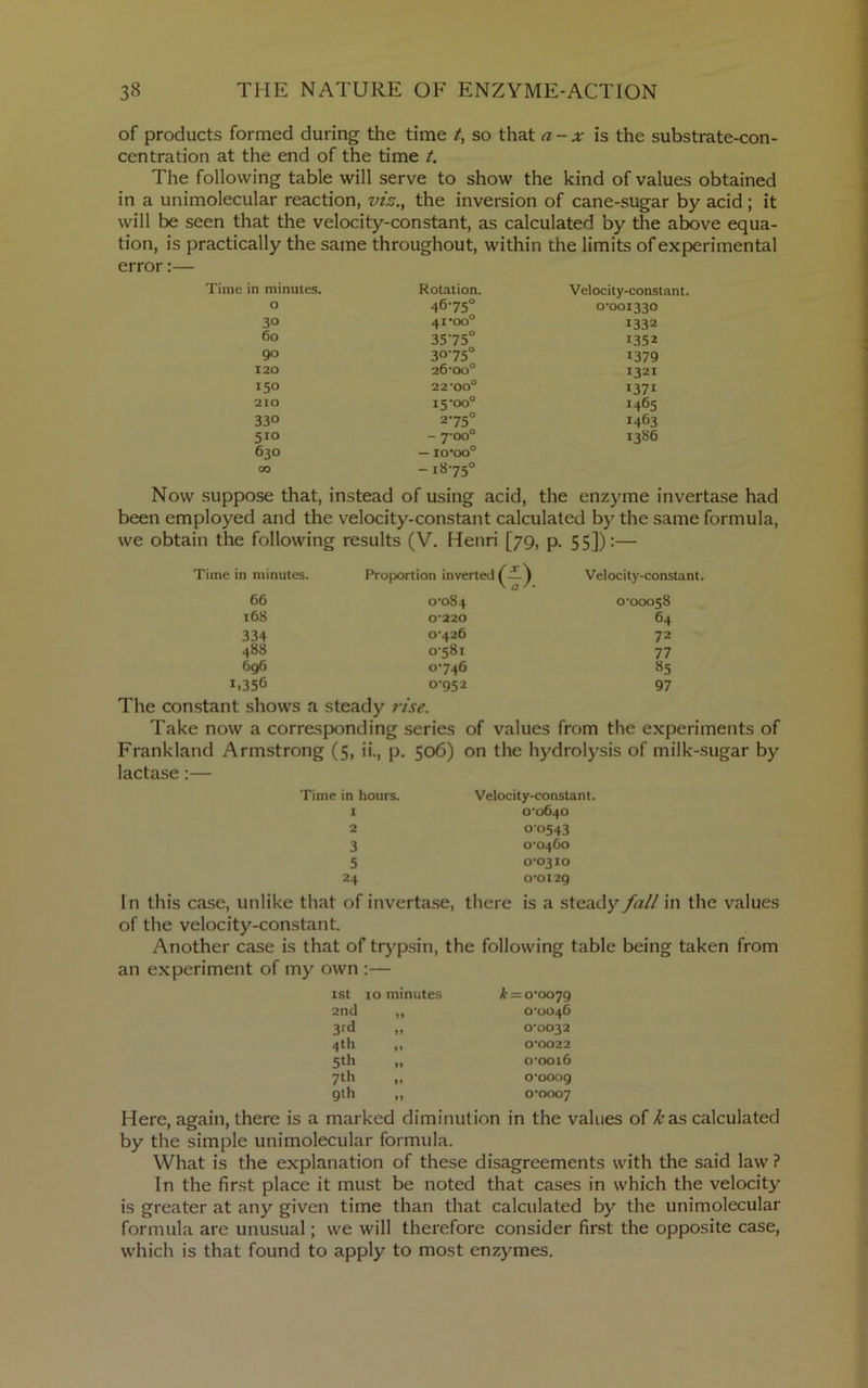 of products formed during the time so that a-x is the substrate-con- centration at the end of the time t. The following table will serve to show the kind of values obtained in a unimolecular reaction, viz., the inversion of cane-sugar by acid; it will be seen that the velocity-constant, as calculated by the above equa- tion, is practically the same throughout, within the limits of experimental error:— Time in minutes. Rotation. Velocity-constant. 0 4675° 0-001330 30 41‘00° 1332 60 3575° 1352 90 3075° 1379 120 26'00° 1321 150 22 ’00° 1371 210 15‘00° 1465 330 275° 1463 510 - 7-00° 1386 630 — I0'00° 00 -1875° Now suppose that, instead of using acid, the enzyme invertase had been employed and the velocity-constant calculated by the same formula. we obtain the following results (V. Henri [79, p. 55]):- Time in minutes. Proportion inverted ) Velocity-constant. 66 0-084 0-00058 168 0-220 64 334 0-426 72 488 0-581 77 696 0-746 85 1.356 0-952 97 The constant shows a steady 7-ise. Take now a corresponding series of values from the experiments of Frankland Armstrong (5, ii., p. 506) on the hydrolysis of milk-sugar by lactase:— Time in hours. 1 2 3 5 24 Velocity-constant. o’o640 00543 o'046o 0-0310 o‘oi2g In this case, unlike that of invertase, there is a steady fall in the values of the velocity-constant. Another case is that of trypsin, the following table being taken from an experiment of my own :— ISt 10 minutes ^ = 0*0079 2nd It o’o046 3rd 11 0*0032 4th 11 0*0022 5th 11 o'ooi6 7th 11 0*0009 9th 11 0*0007 Here, again, there is a marked diminution in the values of k^s calculated by the simple unimolecular formula. What is the explanation of these disagreements with the said law ? In the first place it must be noted that cases in which the velocity is greater at any given time than that calculated by the unimolecular formula are unusual; we will therefore consider first the opposite case, which is that found to apply to most enzymes.