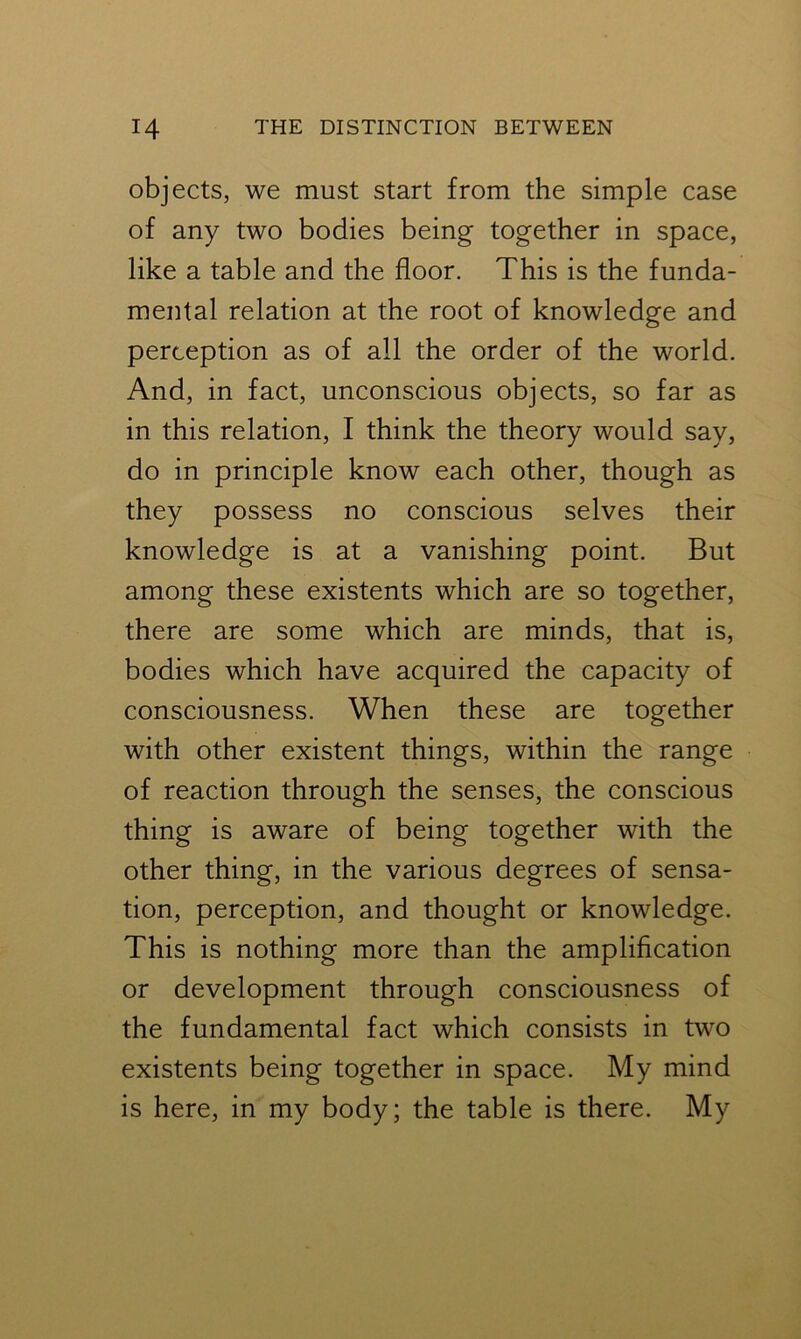 objects, we must start from the simple case of any two bodies being together in space, like a table and the floor. This is the funda- mental relation at the root of knowledge and perception as of all the order of the world. And, in fact, unconscious objects, so far as in this relation, I think the theory would say, do in principle know each other, though as they possess no conscious selves their knowledge is at a vanishing point. But among these existents which are so together, there are some which are minds, that is, bodies which have acquired the capacity of consciousness. When these are together with other existent things, within the range of reaction through the senses, the conscious thing is aware of being together with the other thing, in the various degrees of sensa- tion, perception, and thought or knowledge. This is nothing more than the amplification or development through consciousness of the fundamental fact which consists in two existents being together in space. My mind is here, in my body; the table is there. My