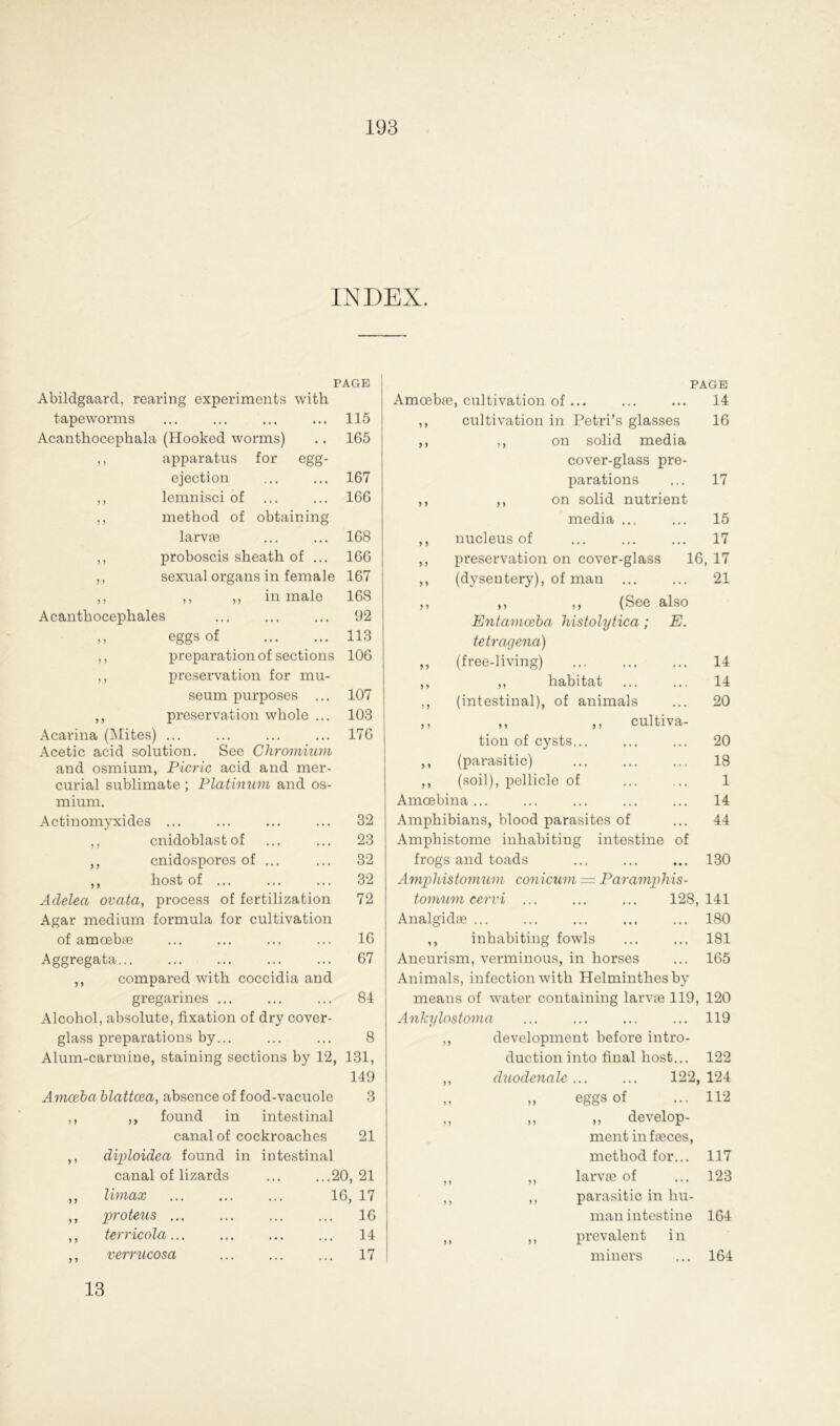 INDEX. PAGE 115 165 167 166 168 166 107 103 176 Abildgaard, rearing experiments with tapeworms Acanthocephala (Hookcd worms) ,, apparatus for egg- ejection ,, lemnisci of ,, method of obtaining larvae ,, proboscis sheatb of ... ,, sexual organs in female 167 ,, ,, ,, in male 168 Acanthocephales ... ... ... 92 ,, eggs of 113 ,, preparationof sections 106 ,, preservation for mu- seum purposes ... ,, preservation wbole ... Acarina (Mites) ... Acetic acid solution. See Chromium and osmium, Picric acid and mer- curial Sublimate ; Platinum and os- mium. Actinomyxides ... ,, cnidoblastof ,, cnidospores of ... ,, bost of ... Adelea ovata, process of fertilization Agar medium formula for cultivation of amoebae Aggregata... ,, compared with coccidia and gregarines ... Alcohol, absolute, fixation of dry cover- glass preparations by... Alum-carmine, staining sections by 12, 131, 149 A?nceba blattcea, absence of food-vacuole 3 ,, ,, found in intestinal canal of cockroaches 21 diploidea found in intestinal canal of lizards ... ...20,21 Umax 16, 17 proteus ... ... 16 terricola 14 verrucosa 17 9 9 9 9 32 23 32 32 72 16 67 84 8 9 * ? 9 PAGE Amoebae, cultivation of ... ... ... 14 cultivation in Petri’s glasses 16 ,, on solid media cover-glass pre- parations ... 17 ,, ,, on solid nutrient media ... ... 15 ,, nucleus of ... ... ... 17 ,, preservation on cover-glass 16, 17 ,, (dysentery), of man ... ... 21 ,, ,, ,, (See also Entamoeba histolytica; E. tetragena) ,, (free-living) ... ... ... 14 ,, ,, habitat ... ... 14 ,, (intestinal), of animals ... 20 ,, ,, ,, cultiva- tion of cysts... ... ... 20 ,, (parasitic) ... ... ... 18 ,, (soil), pellicle of ... ... 1 Amoebina... ... ... ... ... 14 Amphibians, blood parasites of ... 44 Amphistome inhabiting intestine of frogs and toads ... ... ... 130 Amphistomum conicum = Paramphis- tomum cervi ... ... ... 128,141 Analgidae ... ... ... ... ... 180 ,, inhabiting fowls ... ... 181 Aneurism, verminous, in horses ... 165 Animals, infection with Helminthesbv means of water containing larvae 119, 120 Ankylostoma ... ... ... ... 119 ,, development before intro- duction into final host... 122 duodenale ... ... 122, 124 eggs of ... 112 ,, develop- ment infaeces, method for... 117 larvae of ... 123 parasitic in hu- man intestine 164 prevalent i n miners ... 164 9 > 9 9 9 9 5 9 > } ) > 99 9 9 13