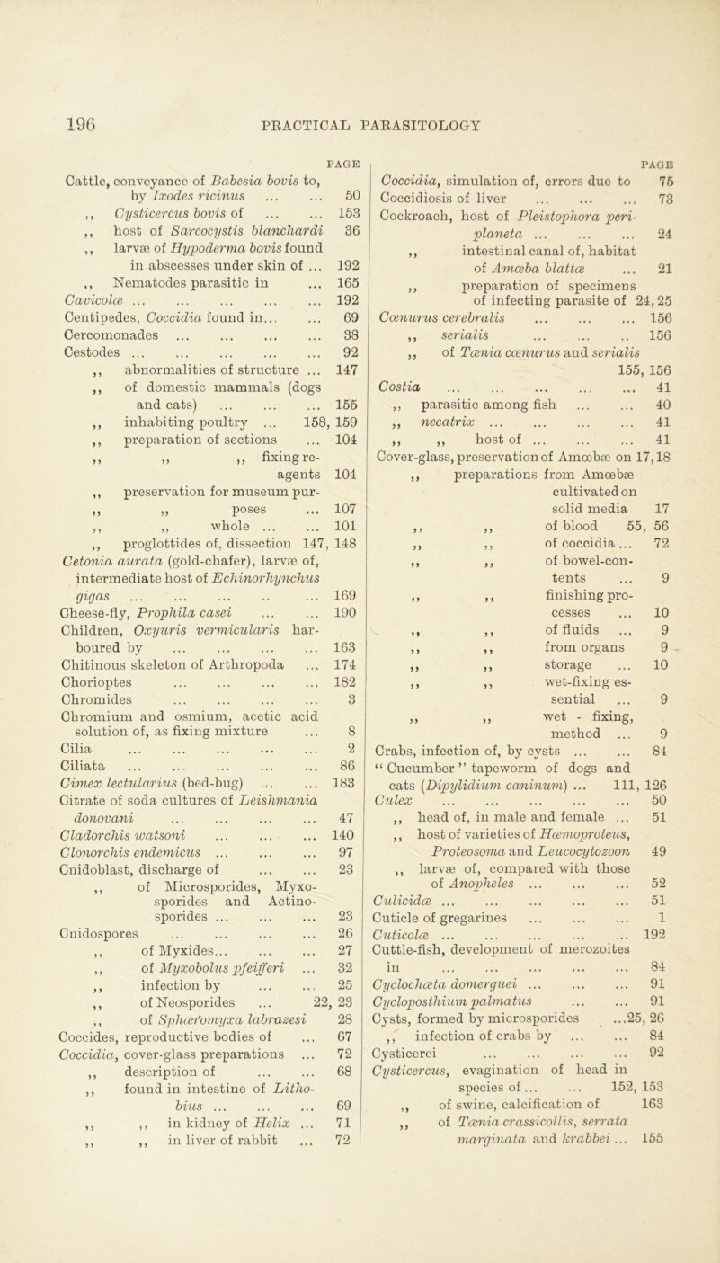 PAGE Gattle, conveyance of Babesia bovis to, by Ixodes ricinus ... ... 50 ,, Cysticercus bovis of ... ... 153 ,, hosfc of Sarcocystis blanchardi 36 ,, larvae of Hypoderma bovis found in abscesses under skin of ... 192 ,, Nematodes parasitic in ... 165 Cavicolce ... ... ... ... ... 192 Centipedes, Coccidia found in... ... 69 Cercomonades 38 Cestodes 92 ,, abnormalities of structure ... 147 ,, of domestic mammals (dogs and cats) ... ... ... 155 ,, inhabiting poultry ... 158, 159 ,, preparation of sections ... 104 ,, „ „ fixing re- agents 104 ,, preservation for museum pur- ,, ,, poses ... 107 ,, ,, whole ... ... 101 ,, proglottides of, dissection 147, 148 Cetonia aurata (gold-ckafer), larvae of, intermediate host of Echinorhynchus gigas ... ... ... .. ... 169 Cheese-fly, Prophila casei ... ... 190 Ckildren, Oxyuris vermicularis kar- boured by ... ... ... ... 163 Chitinous skeleton of Artkropoda ... 174 Ckorioptes ... ... ... ... 182 Ckromides ... ... ... ... 3 Ckromium and osmium, acetic acid solution of, as fixing mixture ... 8 Cilia ... ... ... ... ... 2 Ciliata ... ... ... ... ... 86 Cimex lectularius (bed-kug) ... ... 183 Citrate of soda cultures of Leishmania donovani ... ... ... ... 47 Cladorchis watsoni ... ... ... 140 Clonorchis endemicus ... ... ... 97 Cnidoblast, disckarge of ... ... 23 ,, of Microsporides, Myxo- sporides and Actino- sporides ... ... ... 23 Cnidospores ,.. ... ... ... 26 ,, of Myxides... ... ... 27 ,, of Myxobolus pfeifferi ... 32 ,, infection by ... .., 25 ,, of Neosporides ... 22,23 ,, of Sphcefomyxa labrazesi 28 Coccides, reproductive bodies of ... 67 Coccidia, cover-glass preparations ... 72 ,, description of ... ... 68 ,, found in intestine of Litho- bius ... ... ... 69 ,, ,, in kidney of Helix ... 71 ,, ,, in liver of rabbit ... 72 PAGE Coccidia, Simulation of, errors due to 75 Coccidiosis of liver ... ... ... 73 Cockroach, kost of Bleistophora peri- planeta ... ... ... 24 ,, intestinal canal of, kabitat of Amoeba blattce ... 21 ,, preparation of specimens of infecting parasite of 24, 25 Coenurus cerebralis ... ... ... 156 ,, serialis ... ... .. 156 ,, of Tcenia coenurus and serialis 155, 156 Costia ... 41 ,, parasitic among fisk ... ... 40 ,, necatrix ... ... ... ... 41 ,, ,, kost of ... ... ... 41 Cover-glass, preservation of Amoebse on 17,18 preparations from Amcebae cultivatedon solid media 17 ,, of blood 55, 56 ,, of coccidia... 72 of bowel-con- tents ... 9 finisking pro- cesses ... 10 of fluids ... 9 from Organs 9 storage ... 10 wet-fixing es- sential ... 9 wet - fixing, metkod ... 9 Crabs, infection of, by cysts ... ... 84 “ Cucumber ” tapeworin of dogs and cats (Dipylidium caninum) ... 111, 126 Culex 50 ,, kead of, in male and female ... 51 ,, kost of varieties of Hcemoproteus, Broteosoma and Leucocytozoon 49 ,, larvae of, compared witk tkose of Anopheles ... ... ... 52 Culicidce ... ... ... ... ... 51 Cuticle of gregarines ... ... ... 1 Cuticolce ... ... ... ... ... 192 Cuttle-fisk, development of merozoites in ... ... ... ... ... 84 5 > * > i 5 5 > > y y y yy ... 91 ... 91 ...25, 26 ... 84 ... 92 Cyclochceta domerguei ... Cycloposthium palmatus Cysts, formed by microsporides ,, infection of crabs by Cysticerci Cysticercus, evagination of kead in speciesof... ... 152,153 ,, of swine, calcification of 163 ,, of Tcenia crassicollis, serrata marginata and krabbei... 155
