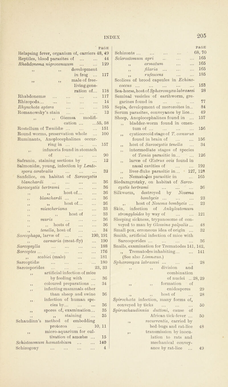 9 9 9 f 9 9 PAGE Relapsing fever, organism of, carriers 48, 49 Reptiles, blood parasites of ... ... 44 Rhabdonema nigrovenosum ... ... 129 development in frog ... 117 male of freo- livinggene- ration of... 118 Rhabdonemae ... ... ... ... 117 Rhizopoda... ... ... ... ... 14 Rhynchota aptera ... ... ... 185 Romanowsky’s stain ... ... ... 13 ,, ,, Giemsa modifi- cation ... ...55, 58 Rostellum of Taeniidoe ... ... ... 151 Round worms, preservation whole ... 100 Ruminants, Anoplocephalines occur- ring in ... ... ... 157 ,, infusoria found in stomach of 90 Safranin, staining sections by ... 12 Salmonidae, young, infection by Lento- spora cerebralis ... 32 Sanfelice, on liabitat of Sarcocystis blanchardi ... ... ... ... 36 Sarcocystis bertrami ... ... ... 36 ,, ,, hostof... ... 36 ,, blanchardi ... ... ... 36 ,, ,, host of 36 ,, miescheriana 33 ,, ,, host of ... 33 ,, muris ... ... ... 36 ,, ,, hosts of ... ... 36 ,, tenella, host of 34 Sarcophaga, larvae of ... ... 190, 191 ,, camaria (meat-fly) ... 190 Sarcopsylla 188 Sarcoptes ... ... ... ... ... 176 ,, scabiei (male) ... ... 181 PAGE 68, 70 165 165 165 185 Schizonts ... Sclerostomum apri ,, armatum ,, filaria ... ,, rufcscens Scolices of brood capsules in Echino- coccus ... Sea-horse, host of Sphceromyxa labrazesi Seminal vesicles of earthworm, gre- garines found in Sepia, development of merozoites in.. Serum parasites, conveyanco by lice... Sheep, Anoplocephalines found in ... ,, bladder-worm found in omen- tum of ... ,, cysticercoid stage of T.ccenurus found in brain of ,, host of Sarcocystis tenella ,, intermediate stages of species of Tcenia parasitic in... ,, larvae of (Estrus ovis found in nasal cavities of ,, liver-fluke parasitic in... ,, Nematodes parasitic in Siedamgrotzky, on habitat of Sarco- cystis bertrami Silkworm, destroyed by Nosema bombycis ... ,, host of Nosema bombycis ... Skin, infection of Ankylostomum strongyloides by way of Sleeping sickness, trypanosome of con- veyed to man by Glossina palpalis ... Small-pox, erroneous idea of origin ... Smith, artificial infection of mice with Sarcosporides ... Snails, examination for Trematodes 141, 142, Trematodes inhabiting... ... 141 (See also Limnceus.) 153 28 77 84 49 157 156 156 34 126 ... 192 127, 128 ... 165 36 23 23 121 48 32 36 99 Sarcoptidae . . . ... •.• ... 180 Sphceromyxa labrazesi ... 28 Sarcosporides ... ... ... 23, 33 ,, ,, di vision and 9 9 artificial infection of mice combination by feeding with 36 of nuclei ...28,29 9 9 coloured preparations ... 34 ,, ,, formation of 9 9 infecting mammals other enidospores 29 than sheep and swine 36 ,, ,, host of 28 9 9 infection of human spe- Spirochccta infection, many forms of, cies by... 36 conveyed by ticks 50 9 9 spores of, examination... 35 Spiroschaudinnia duttoni, cause of 9 9 ,, staining 35 African tick-fever ... 50 Schaudinn’s method of embedding ,, recurrentis, carried by protozoa ... 10 , 11 bed-bugs and rat-lice 48 9 9 micro-aquarium for cul- ,, transmission by inocu- tivation of amoebae ... 15 lation to rats and Schistosomum hcematobium 140 meckanical convey- Schizogony ... ... ... ... 4 ance by rat-lice 49