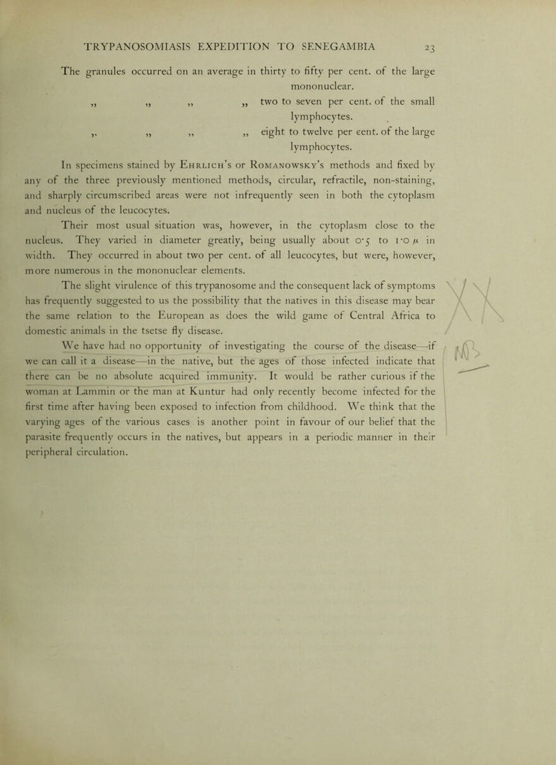 The granules occurred cn an average in thirty to fifty per cent, of the large mononuclear. „ „ ,, ,, two to seven per cent, of the small lymphocytes. ,, ,, ,, ,, eight to twelve per cent, of the large lymphocytes. In specimens stained by Ehrlich’s or Romanowsky’s methods and fixed by any of the three previously mentioned methods, circular, refractile, non-staining, and sharply circumscribed areas were not infrequently seen in both the cytoplasm and nucleus of the leucocytes. Their most usual situation was, however, in the cytoplasm close to the nucleus. They varied in diameter greatly, being usually about 0*5 to i‘0/u. in width. They7 occurred in about two per cent, of all leucocytes, but were, however, more numerous in the mononuclear elements. The slight virulence of this trypanosome and the consequent lack of symptoms has frequently suggested to us the possibility that the natives in this disease may bear the same relation to the European as does the wild game of Central Africa to domestic animals in the tsetse flyr disease. We have had no opportunity of investigating the course of the disease—if we can call it a disease—in the native, but the ages of those infected indicate that there can be no absolute acquired immunity. It would be rather curious if the woman at Lammin or the man at Kuntur had only recently become infected for the first time after having been exposed to infection from childhood. We think that the varying ages of the various cases is another point in favour of our belief that the parasite frequently occurs in the natives, but appears in a periodic manner in their peripheral circulation.