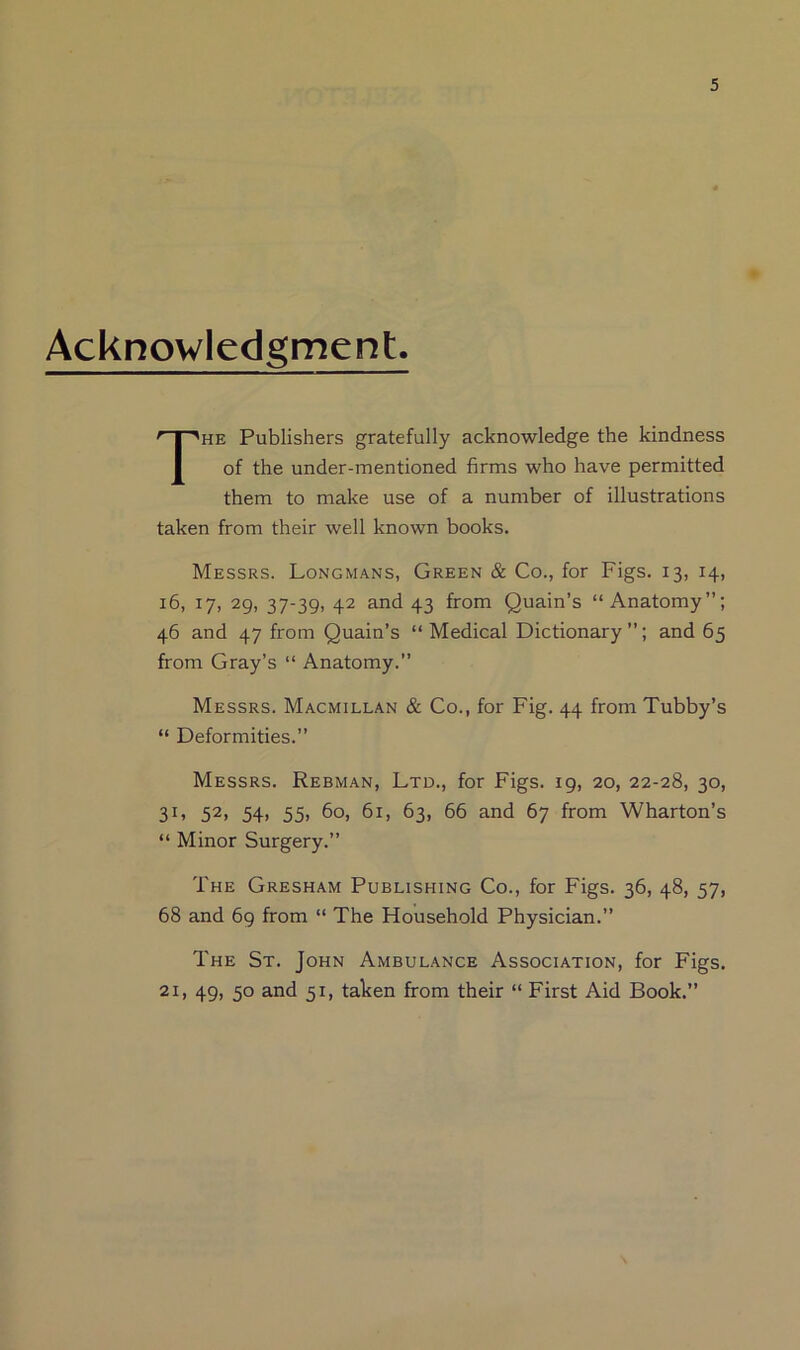 Acknowledgment. The Publishers gratefully acknowledge the kindness of the under-mentioned firms who have permitted them to make use of a number of illustrations taken from their well known books. Messrs. Longmans, Green & Co., for Figs. 13, 14, 16, 17, 29, 37-39, 42 and 43 from Quain’s “Anatomy”; 46 and 47 from Quain’s “Medical Dictionary”; and 65 from Gray’s “ Anatomy.” Messrs. Macmillan & Co., for Fig. 44 from Tubby’s “ Deformities.” Messrs. Rebman, Ltd., for Figs. 19, 20, 22-28, 30, 31, 52, 54, 55, 60, 61, 63, 66 and 67 from Wharton’s “ Minor Surgery.” The Gresham Publishing Co., for Figs. 36, 48, 57, 68 and 69 from “ The Household Physician.” The St. John Ambulance Association, for Figs. 21, 49, 50 and 51, taken from their “ First Aid Book.”