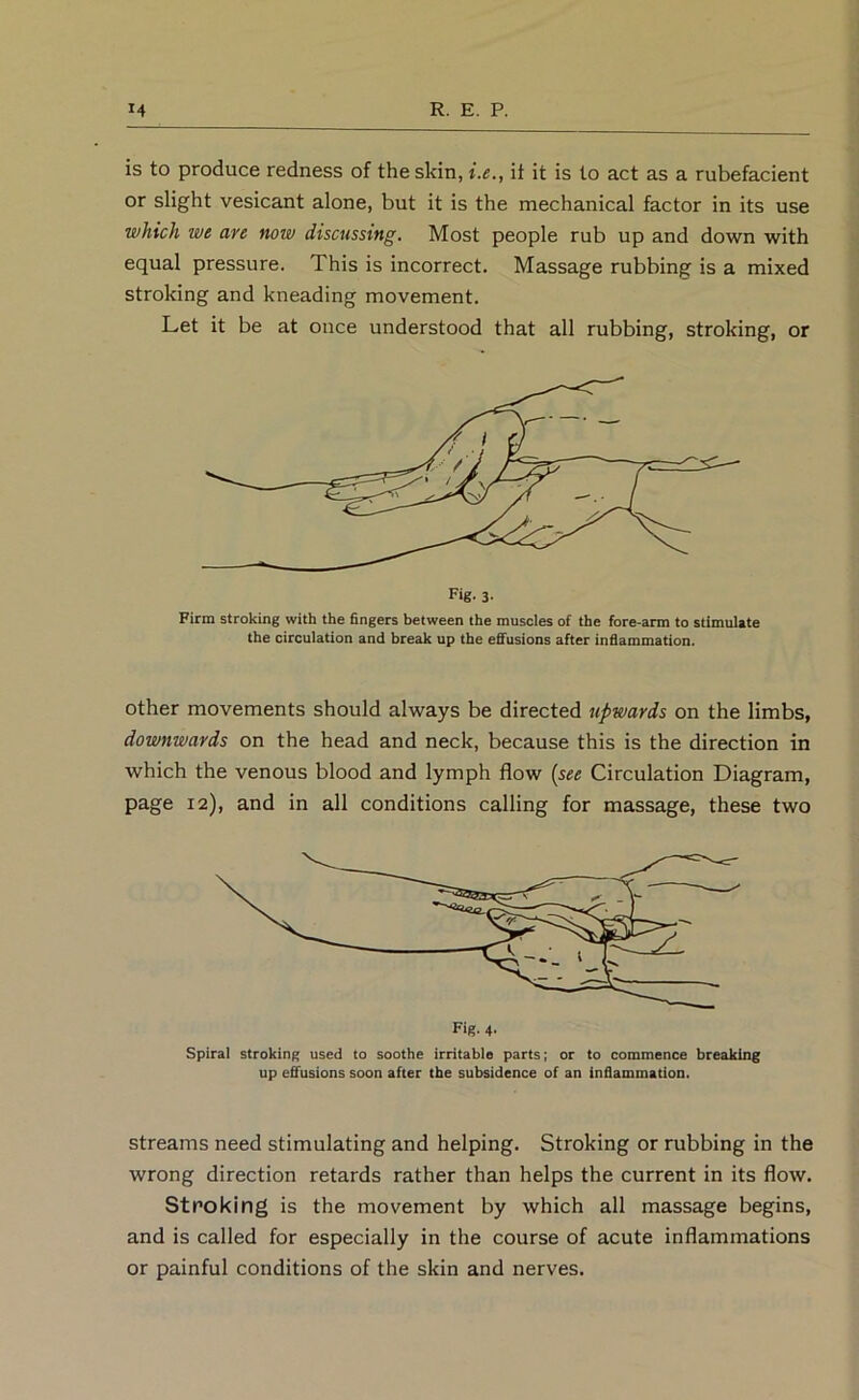 is to produce redness of the skin, i.e., it it is to act as a rubefacient or slight vesicant alone, but it is the mechanical factor in its use which wt are now discussing. Most people rub up and down with equal pressure. This is incorrect. Massage rubbing is a mixed stroking and kneading movement. Let it be at once understood that all rubbing, stroking, or Firm stroking with the Bngers between the muscles of the fore-arm to stimulate the circulation and break up the effusions after inflammation. Other movements should always be directed upwards on the limbs, downwards on the head and neck, because this is the direction in which the venous blood and lymph flow (see Circulation Diagram, page 12), and in all conditions calling for massage, these two Spiral stroking used to soothe irritable parts; or to commence breaking up effusions soon after the subsidence of an inflammation. streams need stimulating and helping. Stroking or rubbing in the wrong direction retards rather than helps the current in its flow. Stroking is the movement by which all massage begins, and is called for especially in the course of acute inflammations or painful conditions of the skin and nerves.