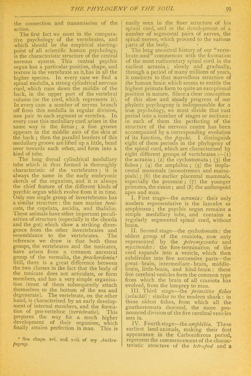 the Connection and transmission of the action. The first fact \ve meet in the compara- tive psychology of the vertebrates, and which should be the empirical starting- point of all scientific human psychology, is the characteristic structure of the central nervous System. This central psychic Organ has a particular position, shape, and texture in the vertebrale as it,has in all the higher species. In every case we find a spinal medulla, a strong cylindrical nei-vous cord, which runs down the middle of the back, in the upper pari of the vertebral column (or the cord, which represents it). In every case a number of nerves branch off from this medulla in regulär division, one pair to each segment or vertebra. In every case this medullary cord arises in the same way in the fcetus; a fine groove appears in the middle axis of the skin at the back ; then the parallel borders of this -medullary groove are lifted up a little, bend over towards each other, and form into a kind of tube. The long dorsal cylindrical medullary tube which is thus formed is thoroughly characteristic of the vertebrates ; it is always the same in the early embi'yonic Sketch of the organism, and it is always the chief feature of the different kinds of psychic Organ which evolve from it in time. Only one single group of invertebrates has a similar structure : the rare marine tuni- cata, the copelata, ascidia, and thalidias. These animals have other important peculi- arities of structure (especially in the chorda and the gut) which show a striking diver- gence from the other invertebrates and resemblance to the vertebrates. The inference we draw is that both these groups, the vertebrates and the tunicates, have arisen from a common ancestral group of the vermalia, the prochordoniaJ- Still, there is a great difference between the two classes in the fact that the body of the tunicate does not articulate, or form members, and has a very simple Organisa- tion (most of them subsecjuently attach themselves to the bottom of the sea and degenerate). The vertebrate, on the other hand, is characterised by an early develop- ment of internal members, and the forma- tion of pro-vertebrtE {veriebraiio). This prepares the way for a much higher development of their organism, which finally attains perfection in man. This is ' See chaps. xvi. and xvü. of niy Authro- fogeny. casily scen in the finer structure of his spinal cord, and in the development of a number of segmental pairs of nerves, the spinal nerves, which proceed to the various parts of the body. The long ancestral history of our “verte- brate-soul ” commences with the formation of the most rudimentary spinal cord in the earliest acrania ; slowly and gradually, through a period of many millions of years, it conducts to that marvellous structure of the human brain which seems to entitle the highest primate form to quite an exceptional Position in nature. Sincea clear conception of this slow and steady progress of our phyletic psychogeny is indispensable for a true psychology, we must divide that vast period into a number of stages or sections; in each of them the perfecting of the structure of the nervous centre has been accompanied by a corresponding evolution of its function, the psyche. I distinguish eight of these periods in the phylogeny of the spinal cord, which are characterised by eight different groups of vertebrates :—(i) the acrania ; (2) the cyclostomata ; (3) the fishes ; (4) the amphibia ; (5) the impla- cental mammals (monotremes and marsu- pials) ; (6) the earlier placental mammals, especially the prosmiae ; (7) the younger Primates, the simia:; and (8) the anthropoid apes and man. I. First Stage—the acrania: their only modern representative is the lancelot or amphioxus ; the psychic organ remains a simple medullary tube, and contains a regularly segmented spinal cord, without brain. II. Second Stage—the cyclostomata: the oldest gi'oup of the craniota, now only represented by the petrofnyzontes and myxinoides: the fore-termination of the cord expands into a vesicle, which then subdivides into five successive parts—the great - brain, intermediate - brain, middle- brain, little-brain, and hind-brain: these five cerebral vesicles form the common type from which the brain of all craniota has evolved, from the lamprey to man. III. Third stage—the primitive fishes {sclacJiit): similar to the modern shark : in these oldest fishes, from which all the gnathostomata descend, the more pro- nounced division of the five cerebral vesicles sets in. ly. Fourth Stage—amphibia. These earliest land-animals, making their first appearance in the Carboniferous period, represent the commencement of the charac- teristic structure of the tctrapod and a