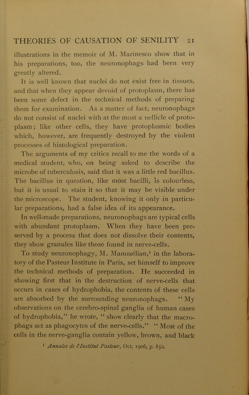 illustrations in the memoir of M. Marinesco show that in his préparations, too, the neiironophags had been very greatly altered. It is well known that niiclei do not exist free in tissues, and that when they appear devoid of protoplasm, there lias been sonie defect in the technical methods of preparing tlieni for examination. As a matter of fact, neuronopliags do not consist of nuclei with at the niost a oellicle of proto- plasm ; like other cells, they hâve protoplasmic bodies which, however, are frequently destroyed by the violent processes of histological préparation. The arguments of my critics recall to me the words of a medical strident, who, on being asked to describe the microbe of tuberculosis, said that it was a little red bacillus. The bacillus in question, like most bacilli, is colourless, but it is usual to stain it so that it may be visible under the microscope. The student, knowing it only in particu- lar préparations, had a false idea of its appearance. In well-made préparations, neuronophags are typical cells with abundant protoplasm. When they hâve been pre- served by a process that does not dissolve their contents, they show granules like those found in nerve-cells. To study neuronophagy, M. Manouélian,^ in the labora- tory of the Pasteur Institute in Paris, set himself to improve the technical methods of préparation. He succeeded in showing first that in the destruction of nerve-cells that occurs in cases of hydrophobia, the contents of these cells are absorbed by the surrounding neuronophags. “ My observations 011 the cérébro-spinal ganglia of human cases of hydrophobia,” he wrote, ” show clearly that the macro- phags act as phagocytes of the nerve-cells.” ” Most of the cells in the nerve-ganglia contain yellow, brown, and black ^ Annales de P Institut Pasteur^ Oct. 1906, p. 859.