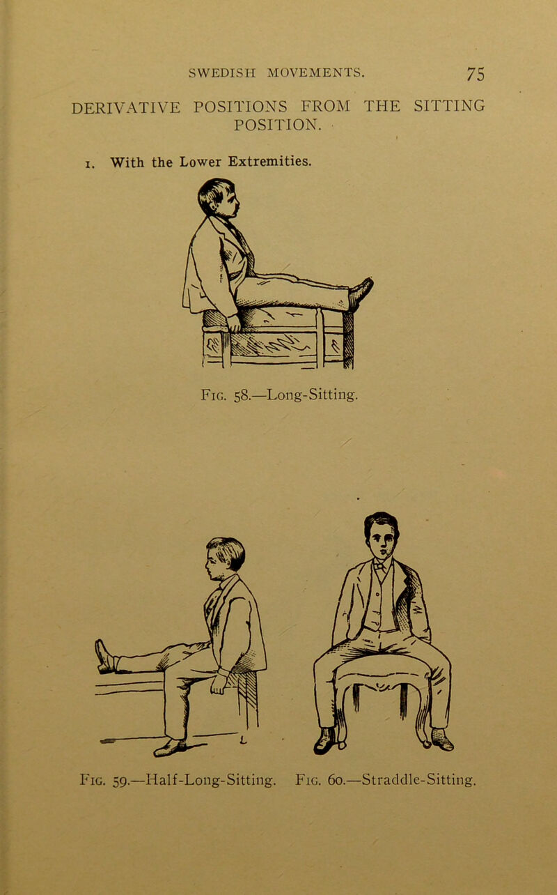 DERIVATIVE POSITIONS FROM THE SITTING POSITION. i i. With the Lower Extremities. Fig. 58.—Long-Sitting. Fig. 59.—Half-Long-Sitting. Fig. 60.—Straddle-Sitting.