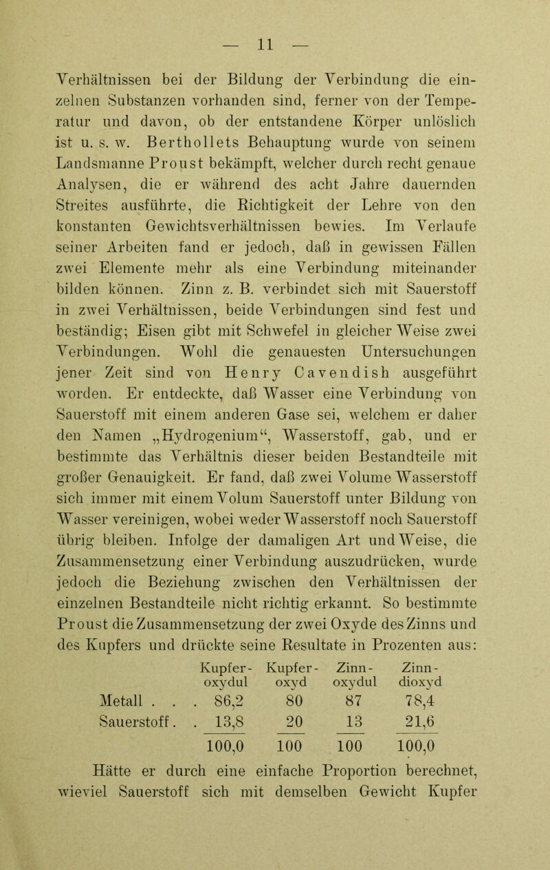 Verhältnissen bei der Bildung der Verbindung die ein- zelnen Substanzen vorhanden sind, ferner von der Tempe- ratur und davon, ob der entstandene Körper unlöslich ist u. s. w. Berthollets Behauptung wurde von seinem Landsmanne Proust bekämpft, welcher durch recht genaue Analysen, die er während des acht Jahre dauernden Streites ausführte, die Richtigkeit der Lehre von den konstanten Gewichtsverhältnissen bewies. Im Verlaufe seiner Arbeiten fand er jedoch, daß in gewissen Eällen zwei Elemente mehr als eine Verbindung miteinander bilden können. Zinn z. B. verbindet sich mit Sauerstoff in zwei Verhältnissen, beide Verbindungen sind fest und beständig; Eisen gibt mit Schwefel in gleicher Weise zwrei Verbindungen. Wohl die genauesten Untersuchungen jener Zeit sind von Henry Cavendish ausgeführt worden. Er entdeckte, daß Wasser eine Verbindung von Sauerstoff mit einem anderen Gase sei, welchem er daher den Kamen „Hydrogenium“, Wasserstoff, gab, und er bestimmte das Verhältnis dieser beiden Bestandteile mit großer Genauigkeit. Er fand, daß zwei Volume Wasserstoff sich immer mit einem Volum Sauerstoff unter Bildung von Wasser vereinigen, wobei weder Wasserstoff noch Sauerstoff übrig bleiben. Infolge der damaligen Art und Weise, die Zusammensetzung einer Verbindung auszudrücken, wurde jedoch die Beziehung zwischen den Verhältnissen der einzelnen Bestandteile nicht richtig erkannt. So bestimmte Proust die Zusammensetzung der zwei Oxyde des Zinns und des Kupfers und drückte seine Resultate in Prozenten aus: Metall . . Kupfer - oxydul . 86,2 Kupfer - oxyd 80 Zinn- oxydul 87 Zinn- dioxyd 78,4 Sauerstoff. . 13,8 20 13 21,6 100,0 100 100 100,0 Hätte er durch eine einfache Proportion berechnet, wieviel Sauerstoff sich mit demselben Gewicht Kupfer