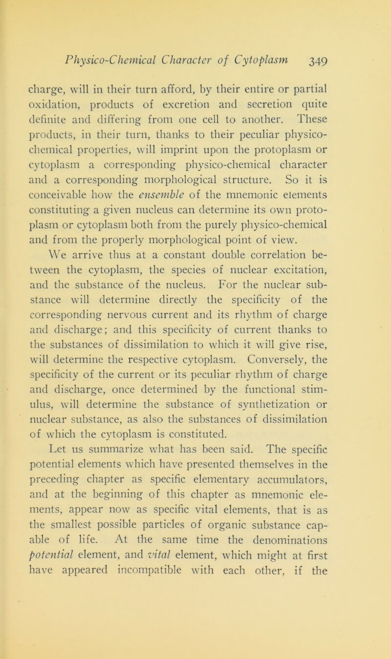 charge, will in their turn afford, by their entire or partial oxidation, products of excretion and secretion quite definite and differing from one celi to another. These products, in their turn, thanks to their peculiar physico- chemical properties, will imprint upon thè protoplasm or cytoplasm a corresponding physico-chemical character and a corresponding morphological structure. So it is conceivable how thè ensemble of thè mnemonic elements constituting a given nucleus can determine its own proto- plasm or cytoplasm both from thè purely physico-chemical and from thè properly morphological point of view. We arrive thus at a Constant doublé correlatimi be- tween thè cytoplasm, thè species of nuclear excitation, and thè substance of thè nucleus. For thè nuclear sub- stance will determine directly thè specificity of thè corresponding nervous current and its rhythm of charge and discharge; and this specificity of current thanks to thè substances of dissimilation to which it will give rise, will determine thè respective cytoplasm. Conversely, thè specificity of thè current or its peculiar rhythm of charge and discharge, once determined by thè functional stim- ulus, will determine thè substance of synthetization or nuclear substance, as also thè substances of dissimilation of which thè cytoplasm is constituted. Let us summarize what has been said. The specific potential elements which bave presented themselves in thè preceding chapter as specific elementary accumulators, and at thè beginning of this chapter as mnemonic ele- ments, appear now as specific vital elements, that is as thè smallest possible particles of organic substance cap- able of life. At thè sanie time thè denominations potential element, and vital element, which might at first ha ve appeared incompatible with each other, if thè